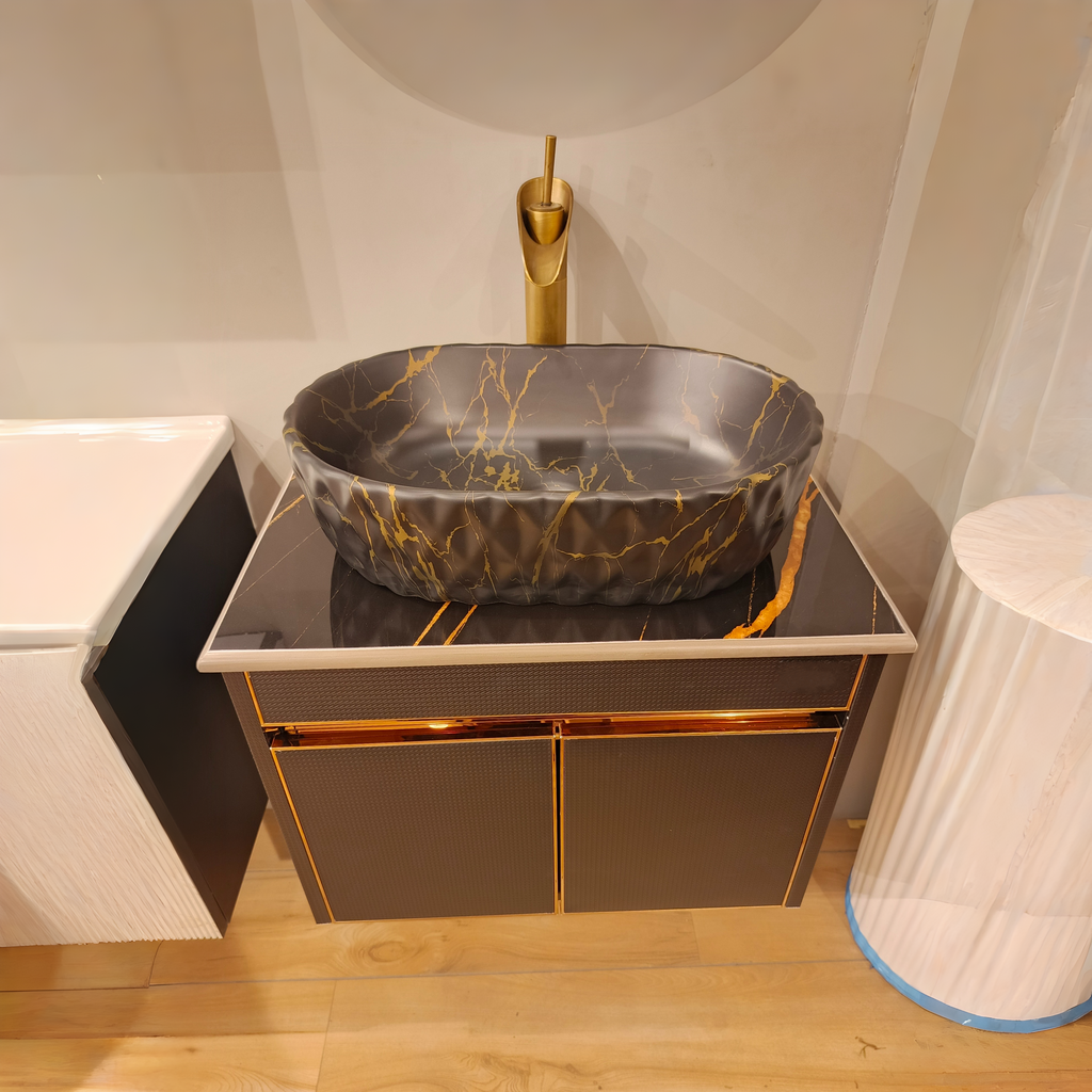 Premium Wall Mounted Stainless Steel Vanity with Black CNC Pattern & Rose gold Detailing in SS304 material (24x18.5 inch) "Complete Set"