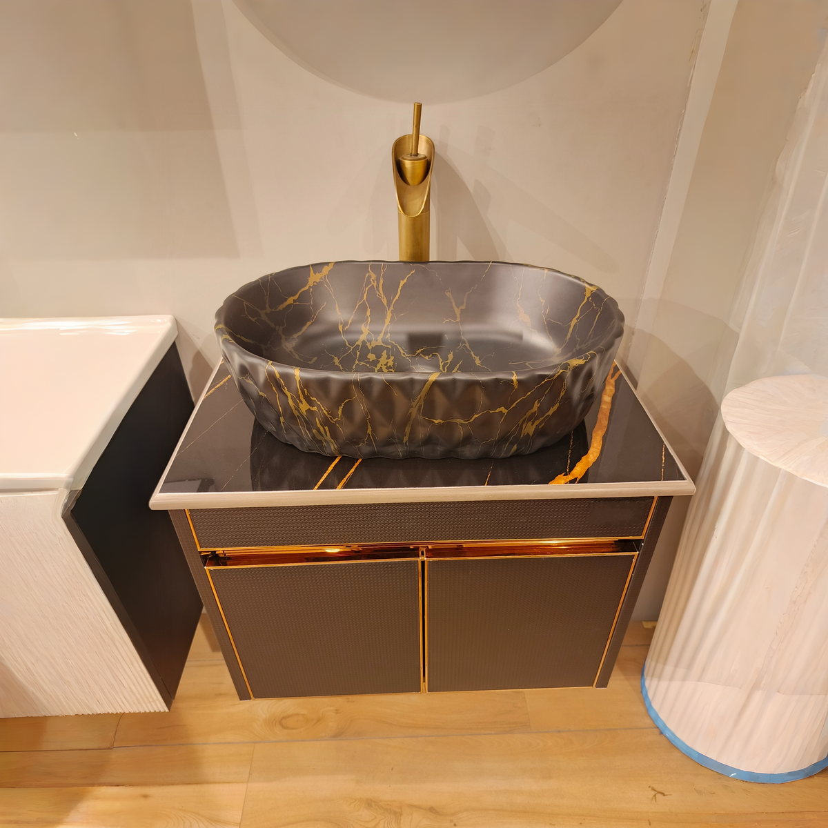 Premium Wall Mounted Stainless Steel Vanity with Black CNC Pattern & Rose gold Detailing in SS304 material (24x18.5 inch) "Complete Set"