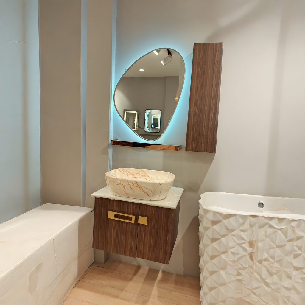 premium Teak Wood Finish Wall Mounted Stainless Steel Vanity SS304 (24x18.5 inch) "Complete Set"