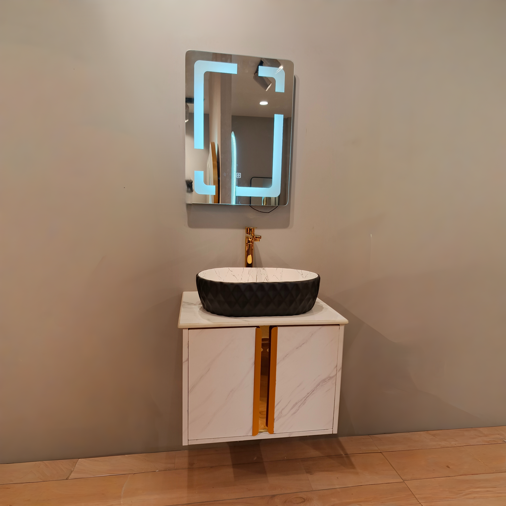 White Satvario Finish Wall Mounted with Gold detailing, now in Stainless Steel Material SS304 (24x18.5 inch) "Complete Set"