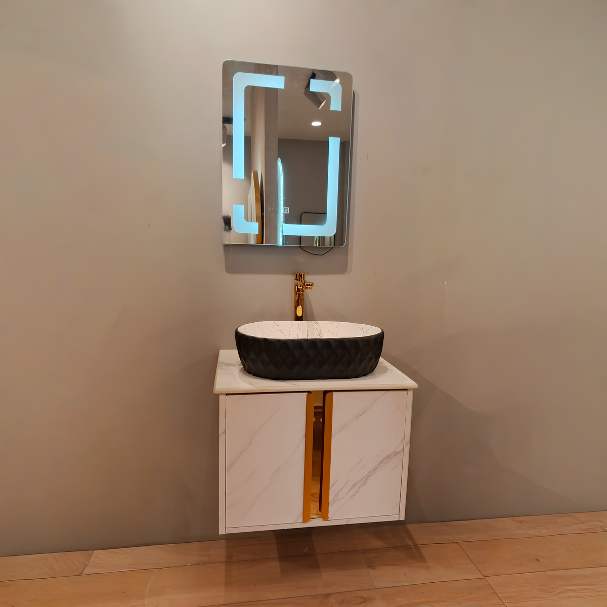 White Satvario Finish Wall Mounted with Gold detailing, now in Stainless Steel Material SS304 (24x18.5 inch) "Complete Set"