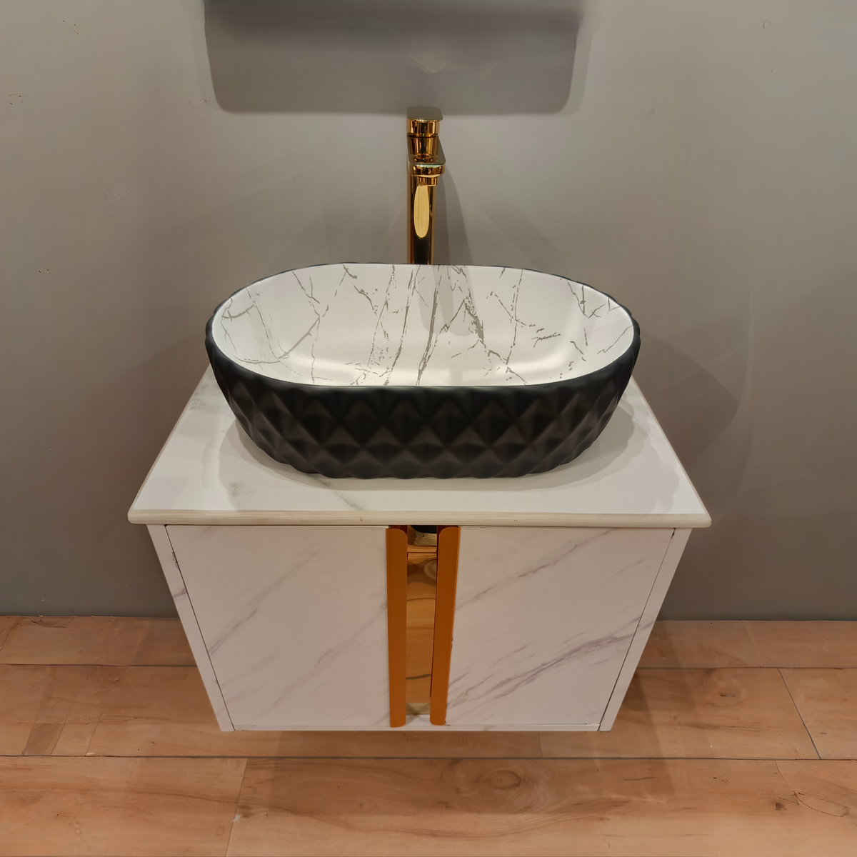 White Satvario Finish Wall Mounted with Gold detailing, now in Stainless Steel Material SS304 (24x18.5 inch) "Complete Set"