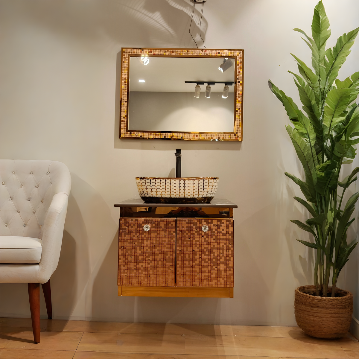 Premium Rose Gold Finish with Mosaic Pattern Wall Mounted Stainless Steel Vanity SS304 (24x18.5 inch) "Complete Set"