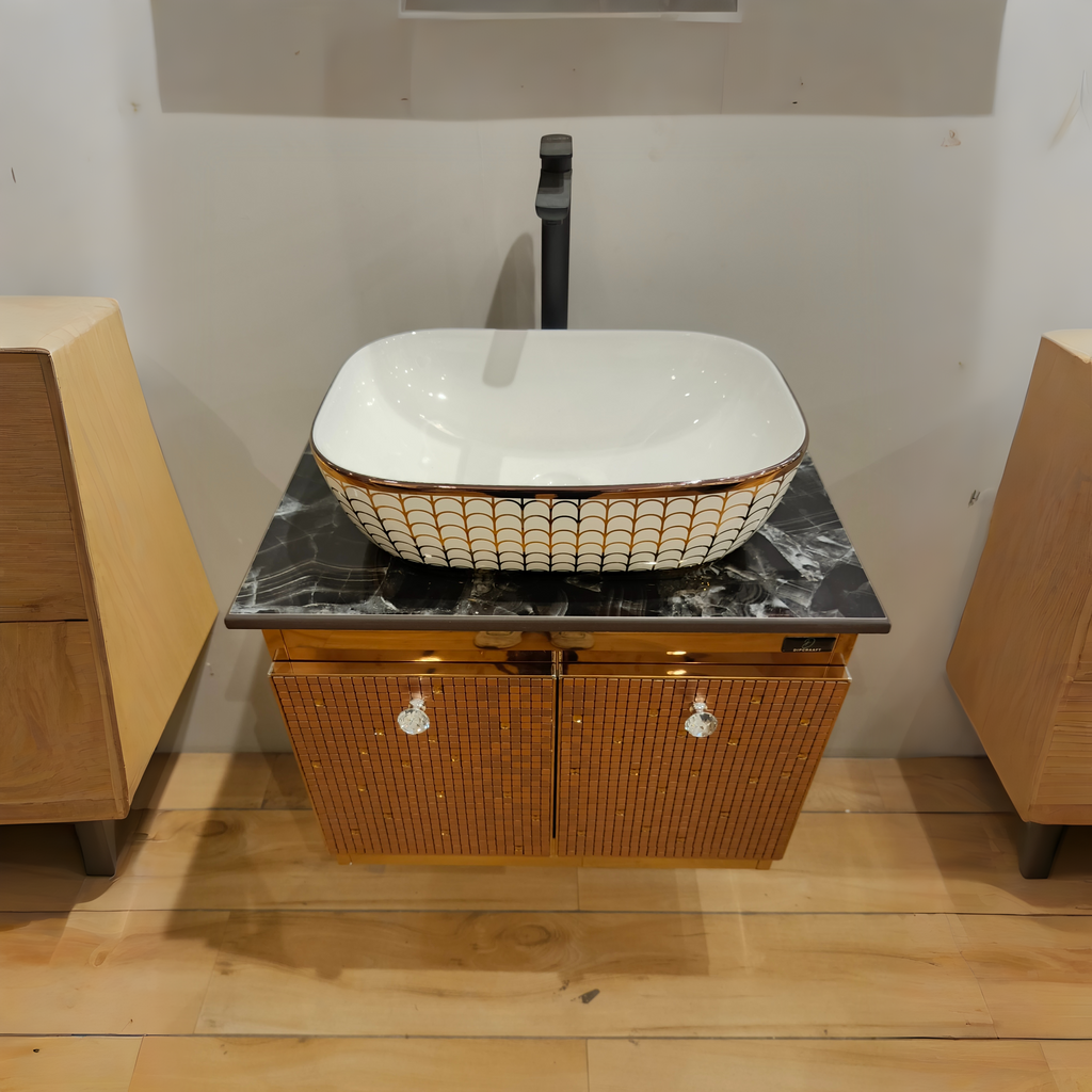 Premium Rose Gold Finish with Mosaic Pattern Wall Mounted Stainless Steel Vanity SS304 (24x18.5 inch) "Complete Set"