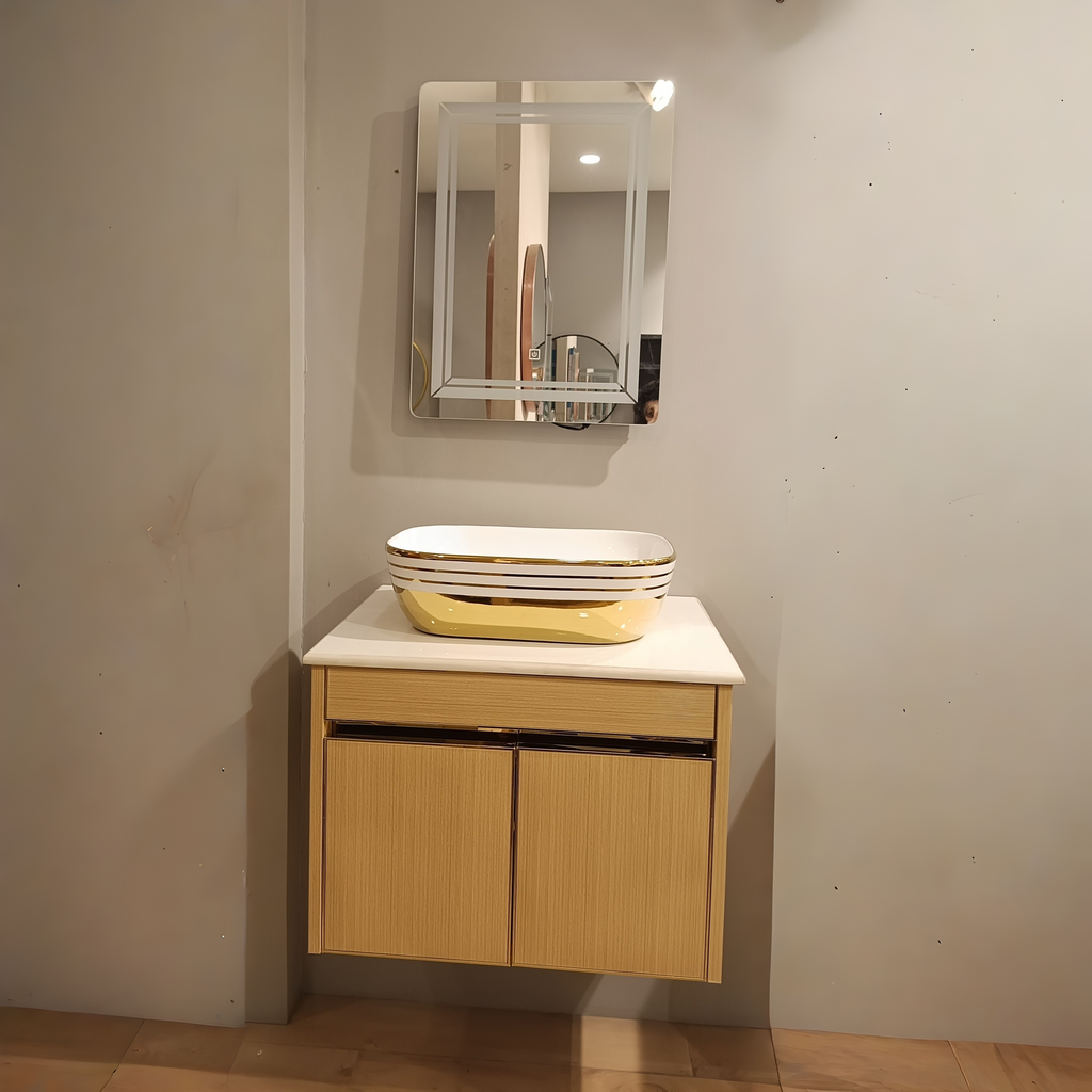 Premium Teak Wood Finish Wall Mounted Stainless Steel Vanity SS304 (24x18.5 inch) "Complete Set"