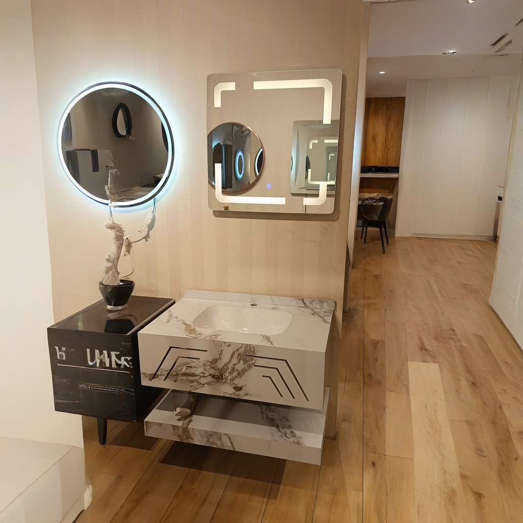 White with Beige Finish Wall Mounted Imported Sintered Stone Material Vanity with AUTO Sensor operated LED LIGHT (32x19 inch) "Complete Set"