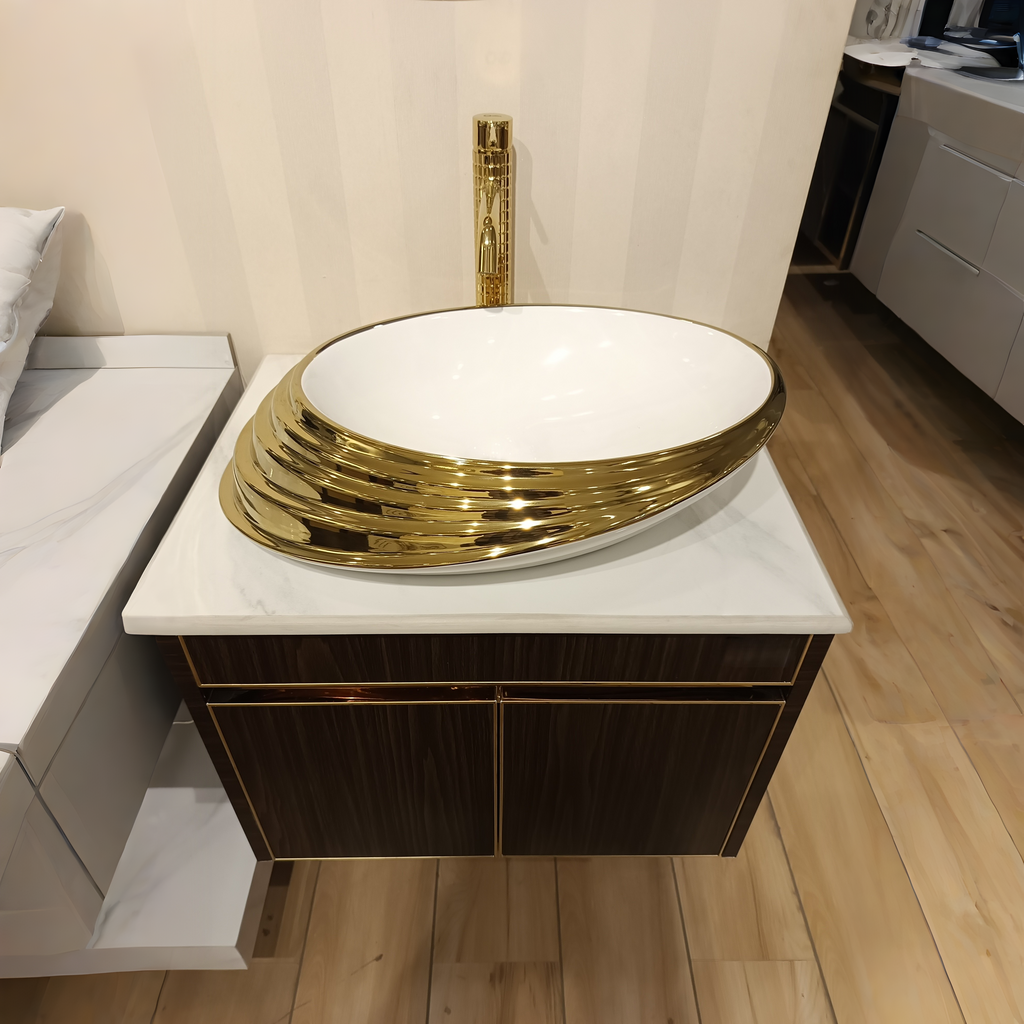 Teak Wood Finish Wall Mounted Stainless Steel Vanity SS304 (24x18.5 inch) "Complete Set"