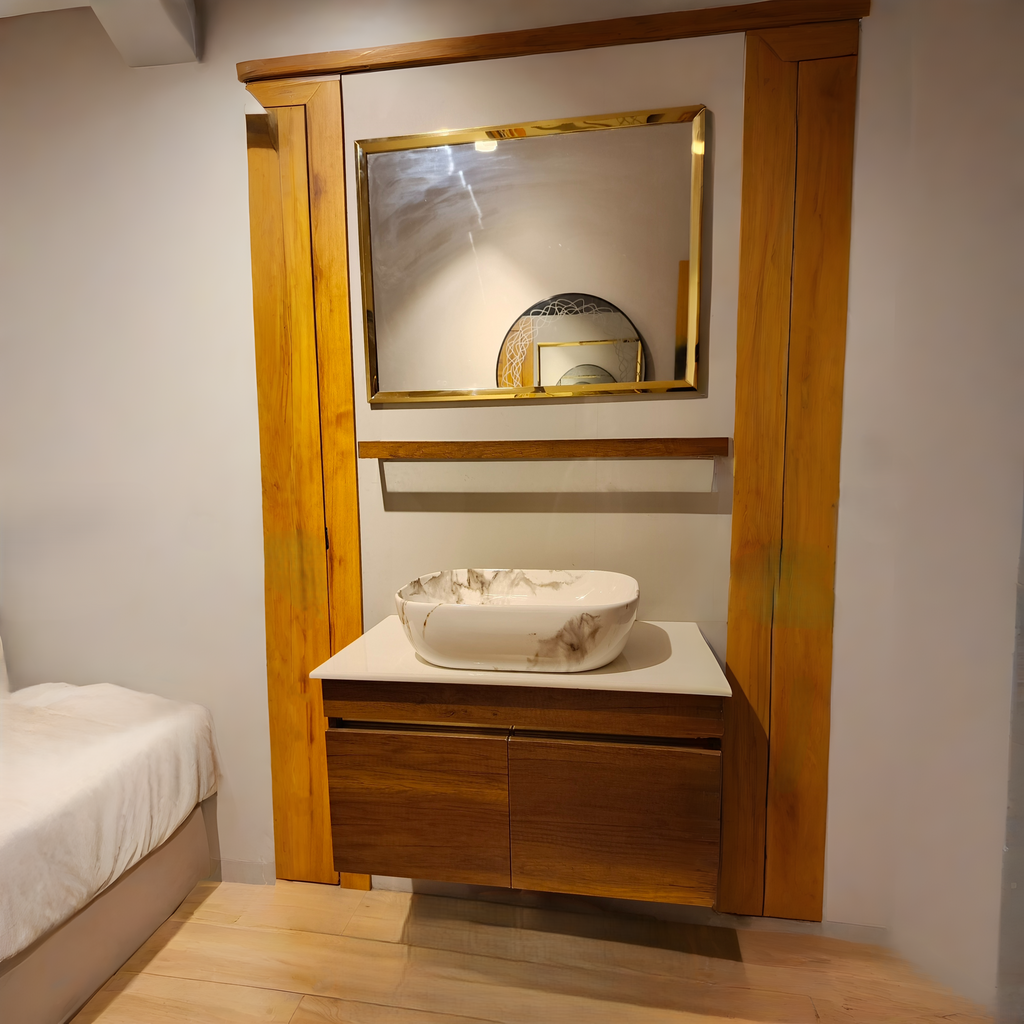 Teak Wood Finish Wall Mounted Stainless Steel Vanity SS304 (32x18.5 inch) "Complete Set"