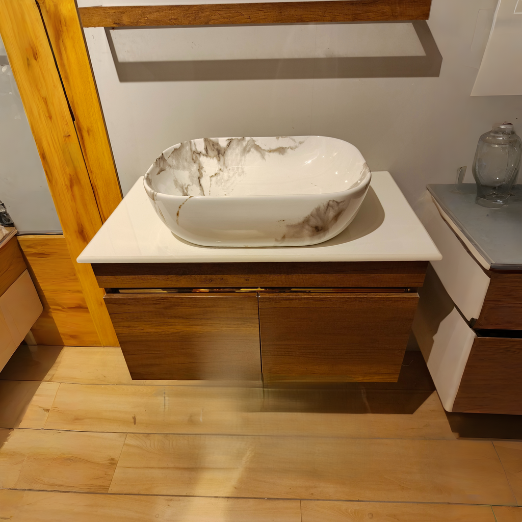 Teak Wood Finish Wall Mounted Stainless Steel Vanity SS304 (32x18.5 inch) "Complete Set"