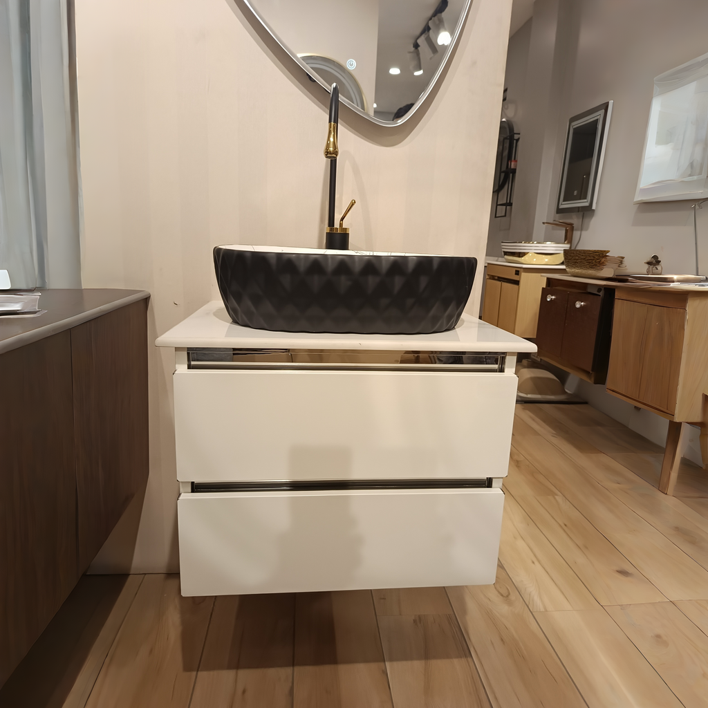 Premium White with Pine Wood Finish Wall Mounted Stainless Steel Vanity SS304 (24x18.5 inch) "Complete Set"