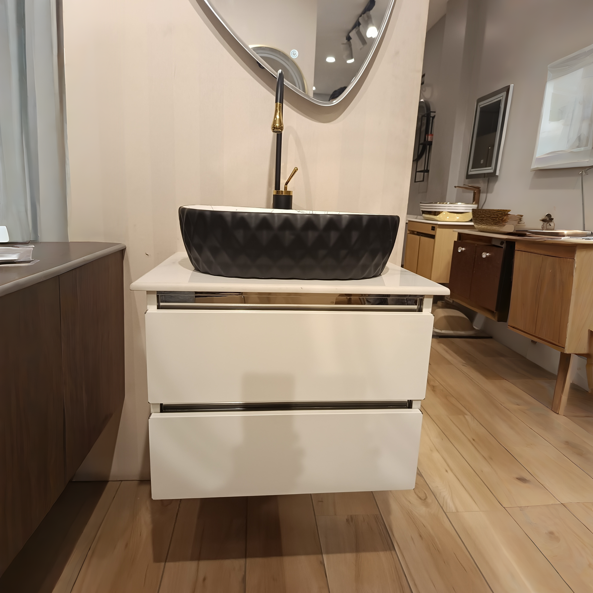 Premium White with Pine Wood Finish Wall Mounted Stainless Steel Vanity SS304 (24x18.5 inch) "Complete Set"