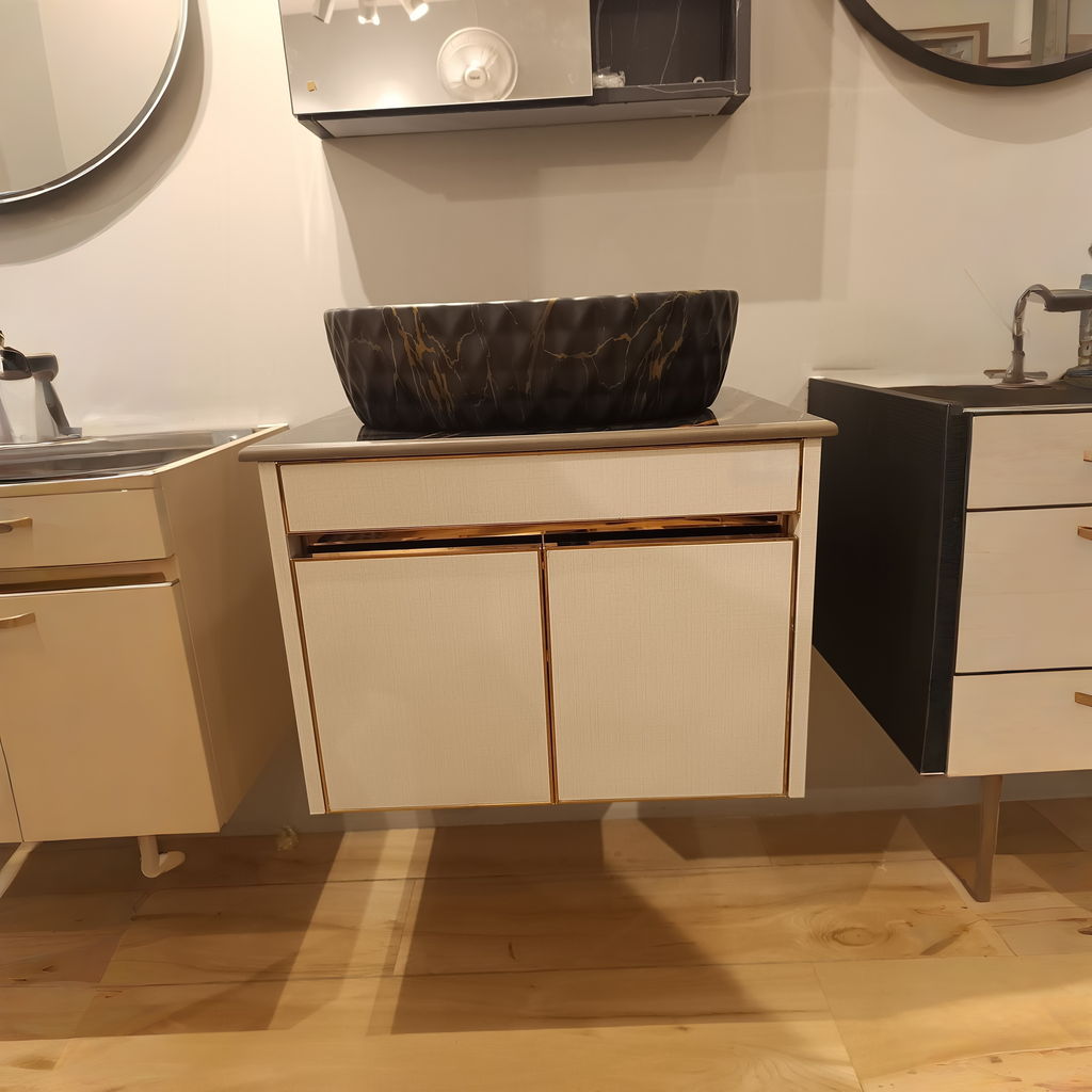 Sand Grey with CNC pattern, Wall Mounted Stainless Steel Vanity SS304 (24x18.5 inch) "Complete Set"