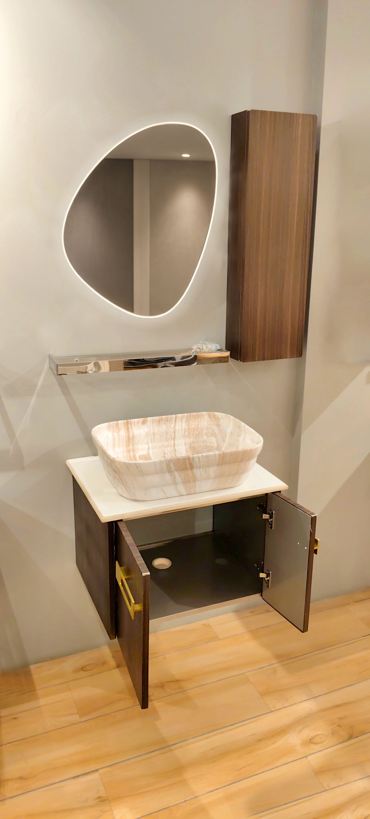 premium Teak Wood Finish Wall Mounted Stainless Steel Vanity SS304 with extra side storage (24x18.5 inch) "Complete Set"