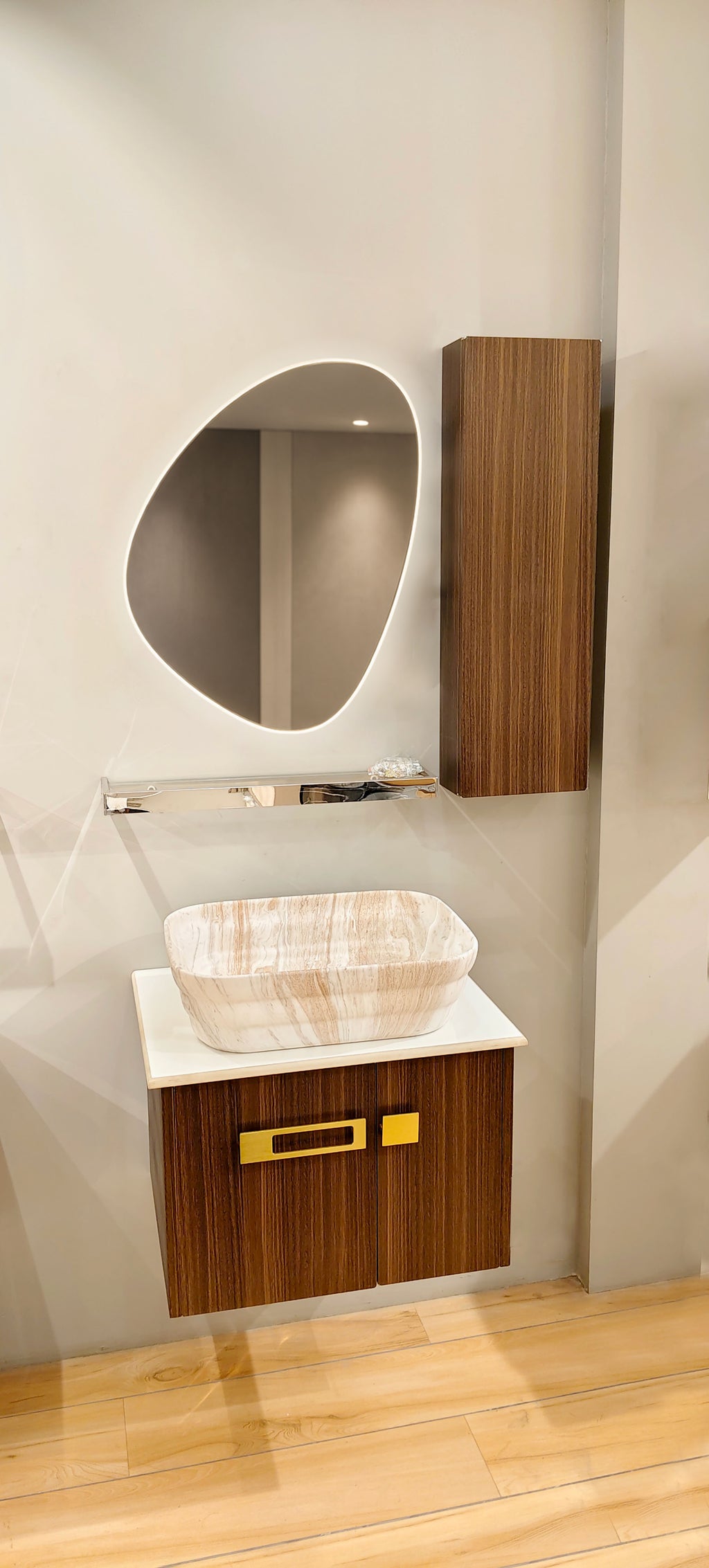 premium Teak Wood Finish Wall Mounted Stainless Steel Vanity SS304 with extra side storage (24x18.5 inch) "Complete Set"
