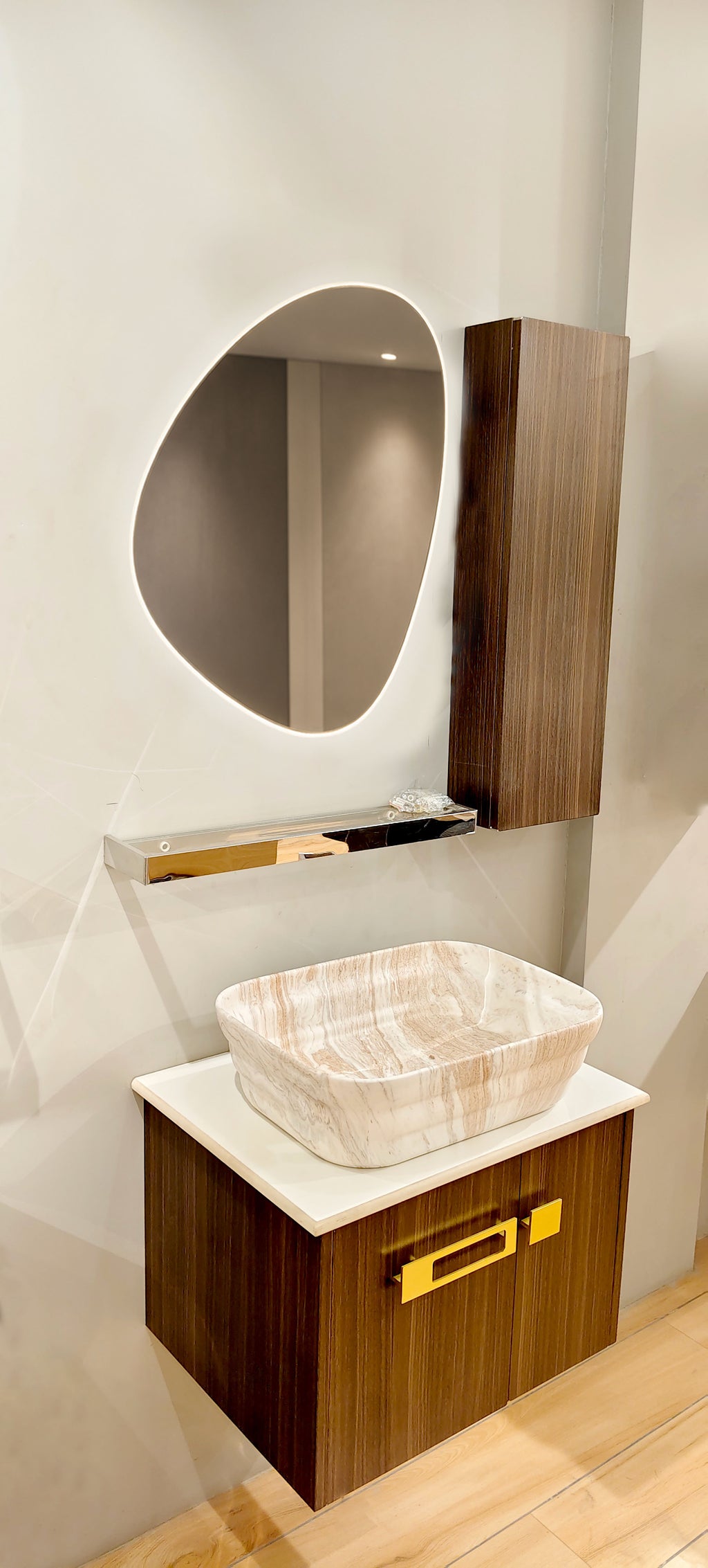 premium Teak Wood Finish Wall Mounted Stainless Steel Vanity SS304 with extra side storage (24x18.5 inch) "Complete Set"
