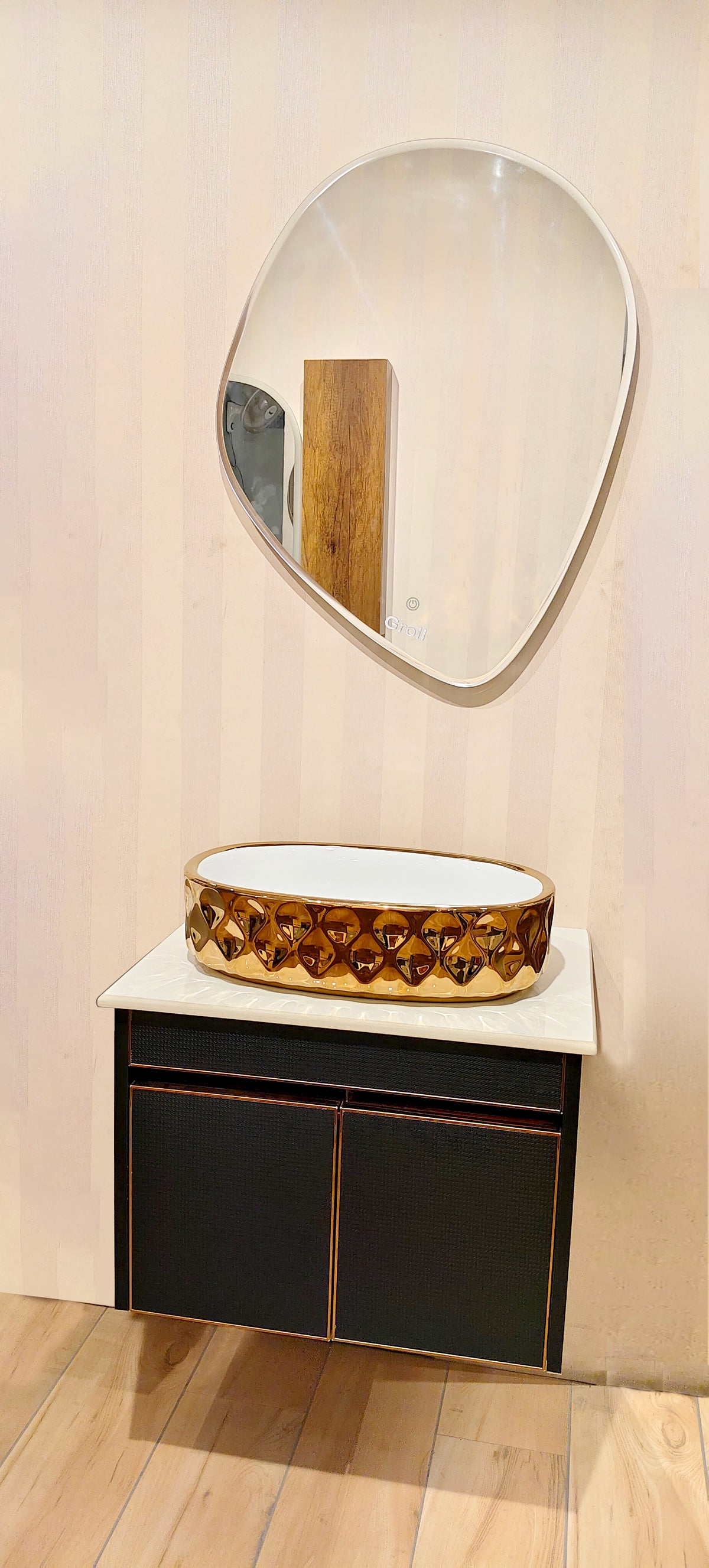 Premium Wall Mounted Stainless Steel Vanity with Black CNC Pattern & Rose gold Detailing in SS304 material (24x18.5 inch) "Complete Set"