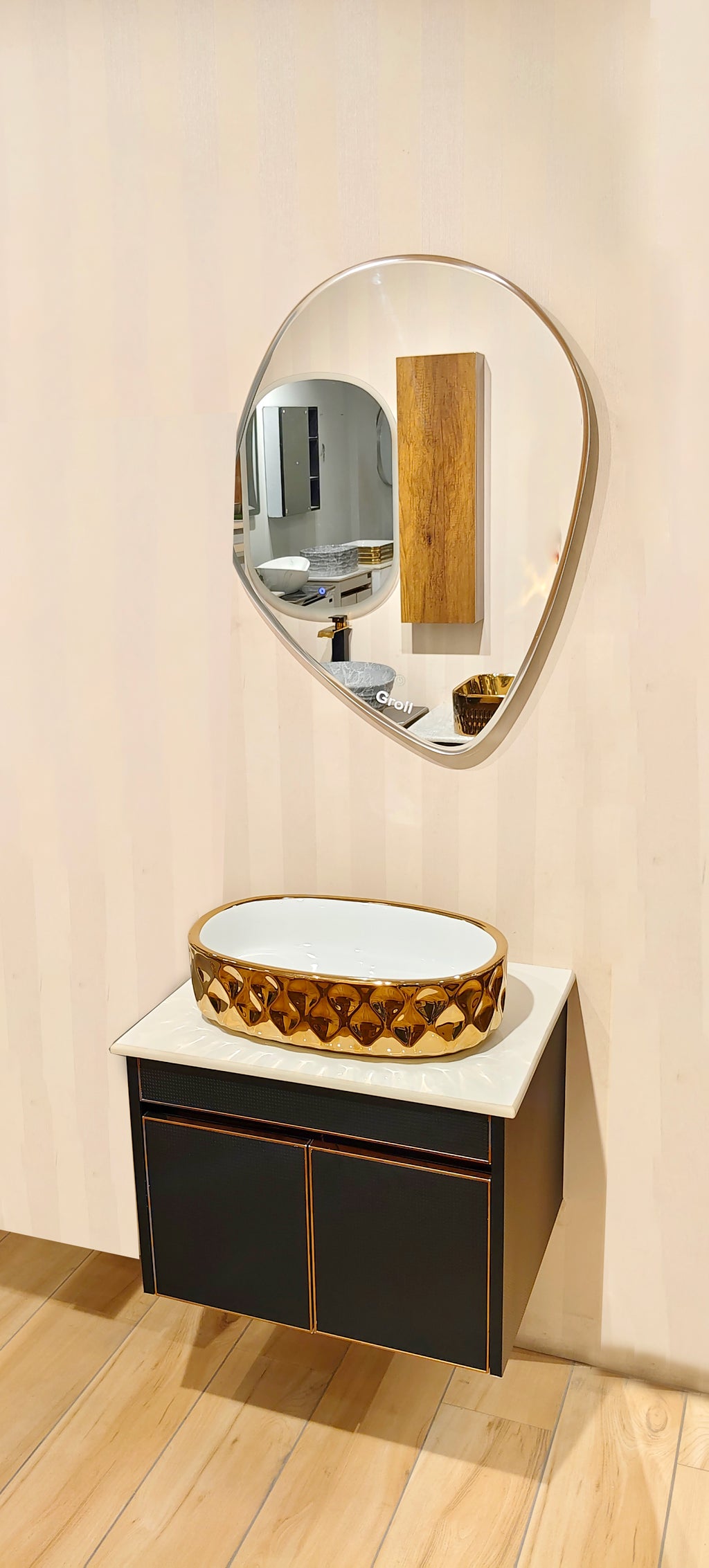 Premium Wall Mounted Stainless Steel Vanity with Black CNC Pattern & Rose gold Detailing in SS304 material (24x18.5 inch) "Complete Set"