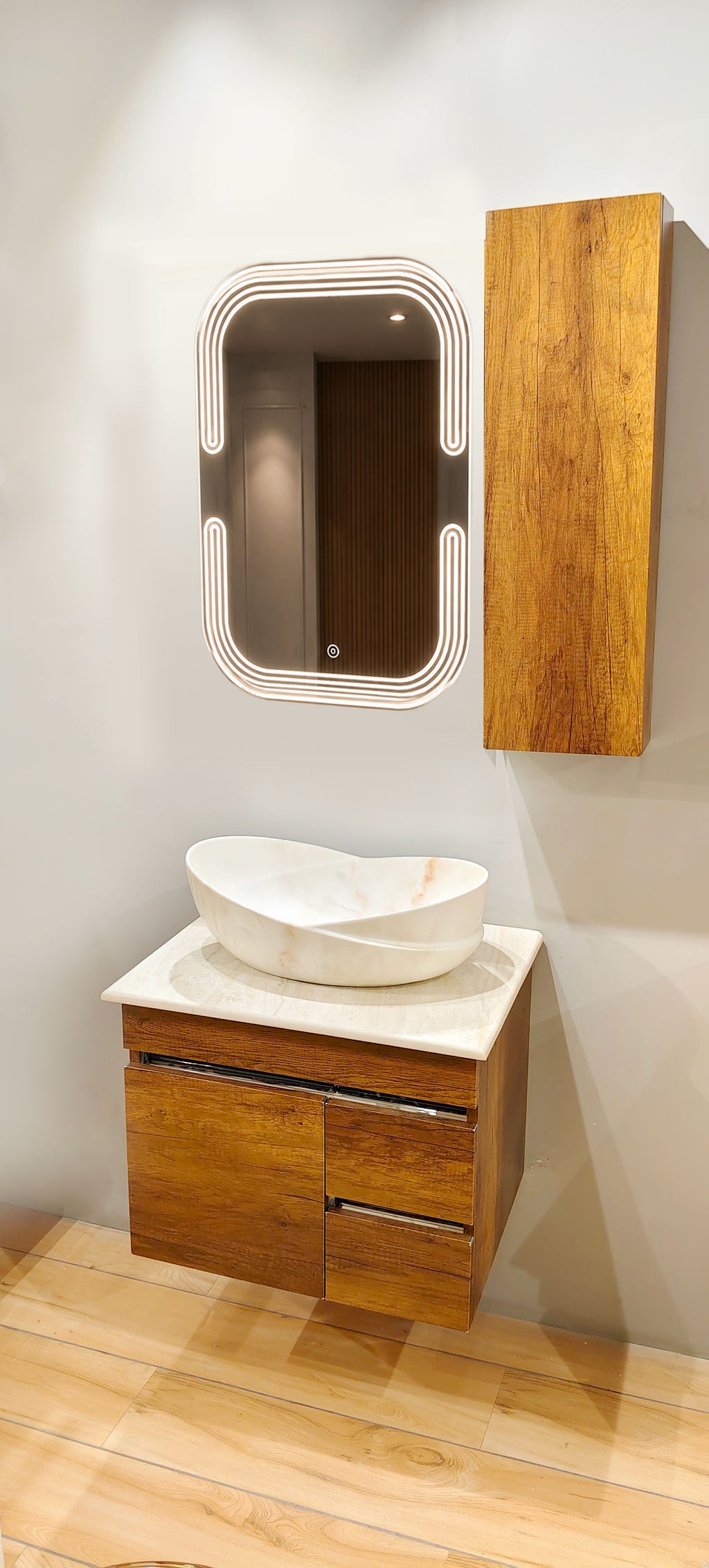 Premium Teak wood Finish Wall Mounted Stainless Steel Vanity SS304 with extra side storage  (24x18.5 inch) "Complete Set"