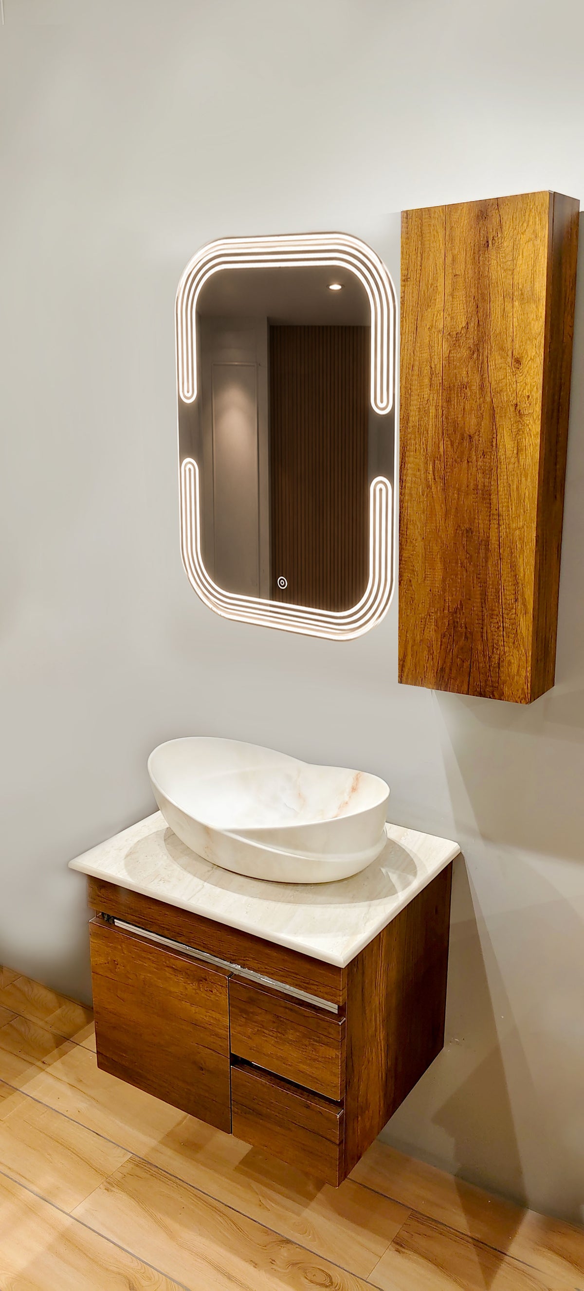 Premium Teak wood Finish Wall Mounted Stainless Steel Vanity SS304 with extra side storage  (24x18.5 inch) "Complete Set"