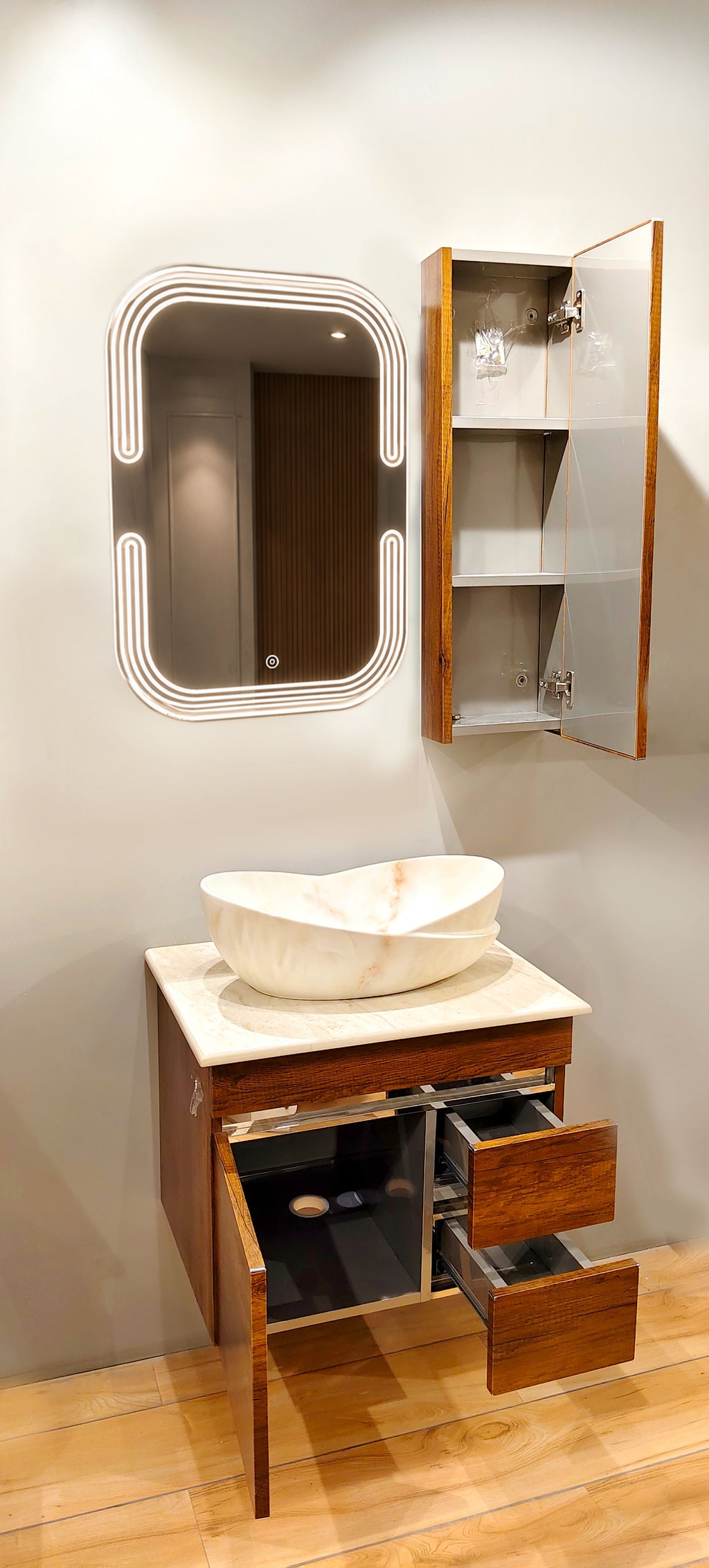 Premium Teak wood Finish Wall Mounted Stainless Steel Vanity SS304 with extra side storage  (24x18.5 inch) "Complete Set"