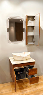 Premium Teak wood Finish Wall Mounted Stainless Steel Vanity SS304 with extra side storage  (24x18.5 inch) "Complete Set"