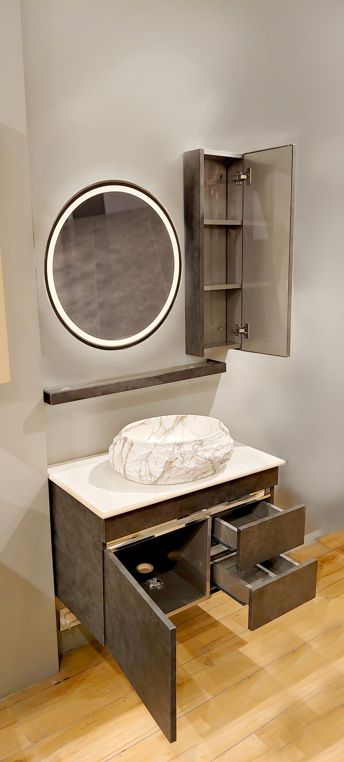 Premium armani grey Finish Wall Mounted Stainless Steel Vanity SS304 with extra side storage  (24x18.5 inch) "Complete Set"