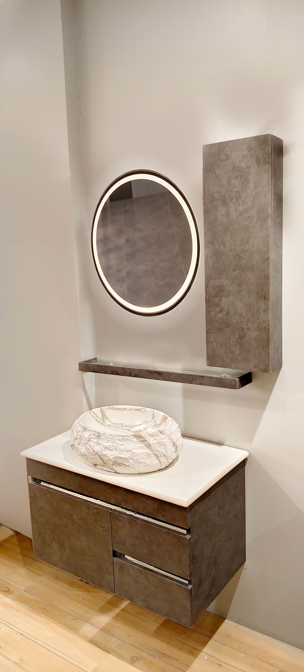Premium armani grey Finish Wall Mounted Stainless Steel Vanity SS304 with extra side storage  (24x18.5 inch) "Complete Set"