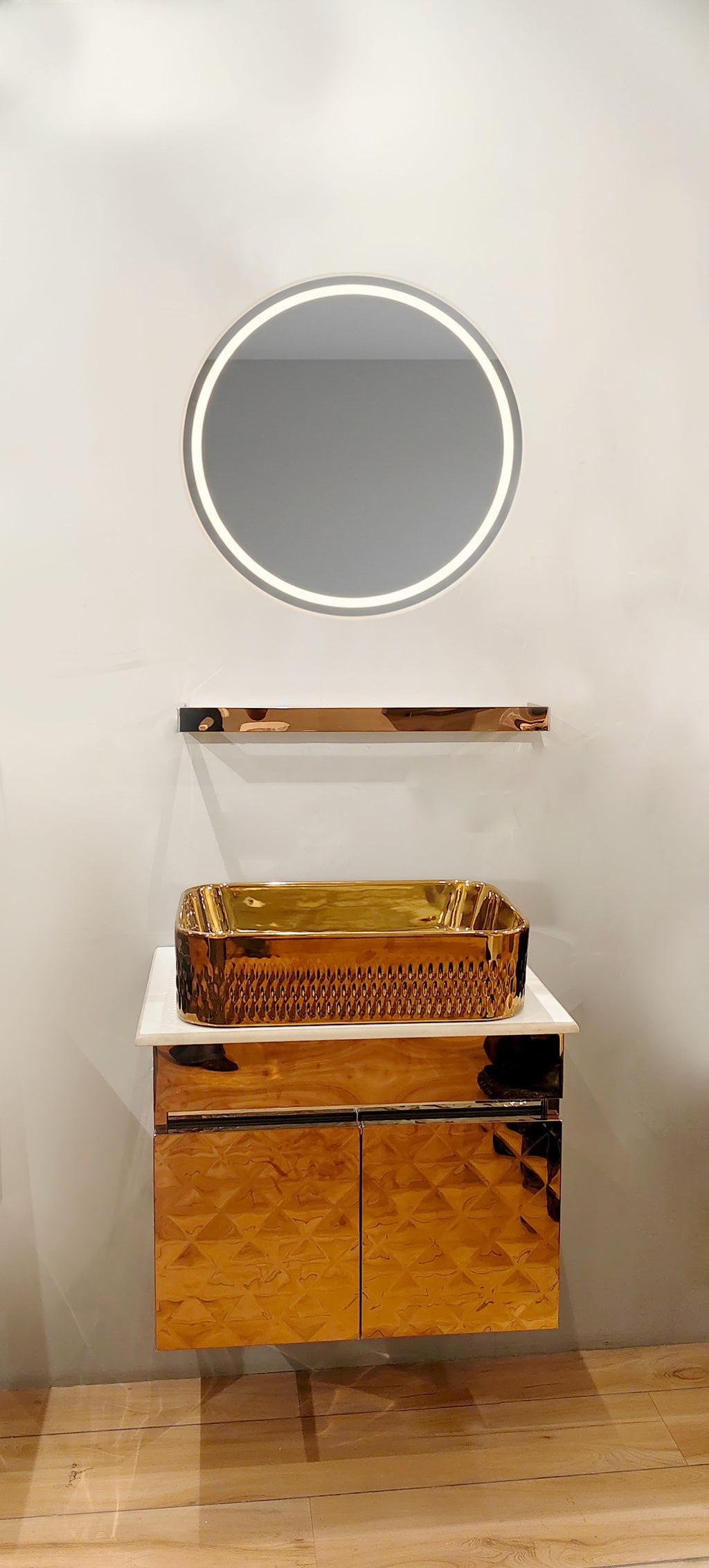 Diamond Cut Style Wall Mounted Stainless Steel Vanity in premium Rose Gold Finish SS304 (24x18.5 inch) "Complete Set"