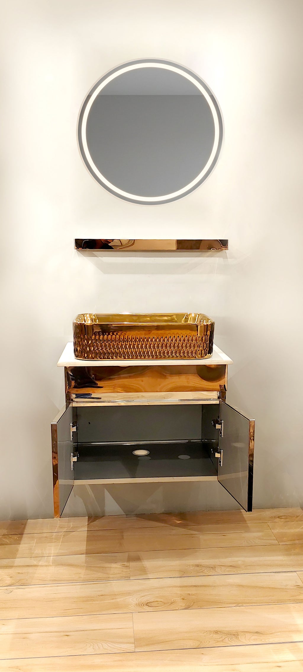 Diamond Cut Style Wall Mounted Stainless Steel Vanity in premium Rose Gold Finish SS304 (24x18.5 inch) "Complete Set"