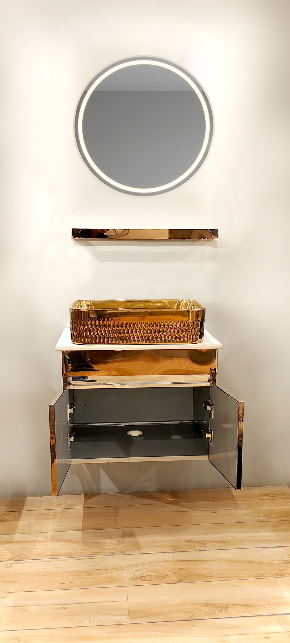 Diamond Cut Style Wall Mounted Stainless Steel Vanity in premium Rose Gold Finish SS304 (24x18.5 inch) "Complete Set"