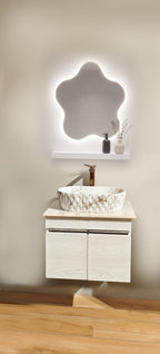 Premium White with Pine Wood Finish Wall Mounted Stainless Steel Vanity SS304 (24x18.5 inch) "Complete Set"
