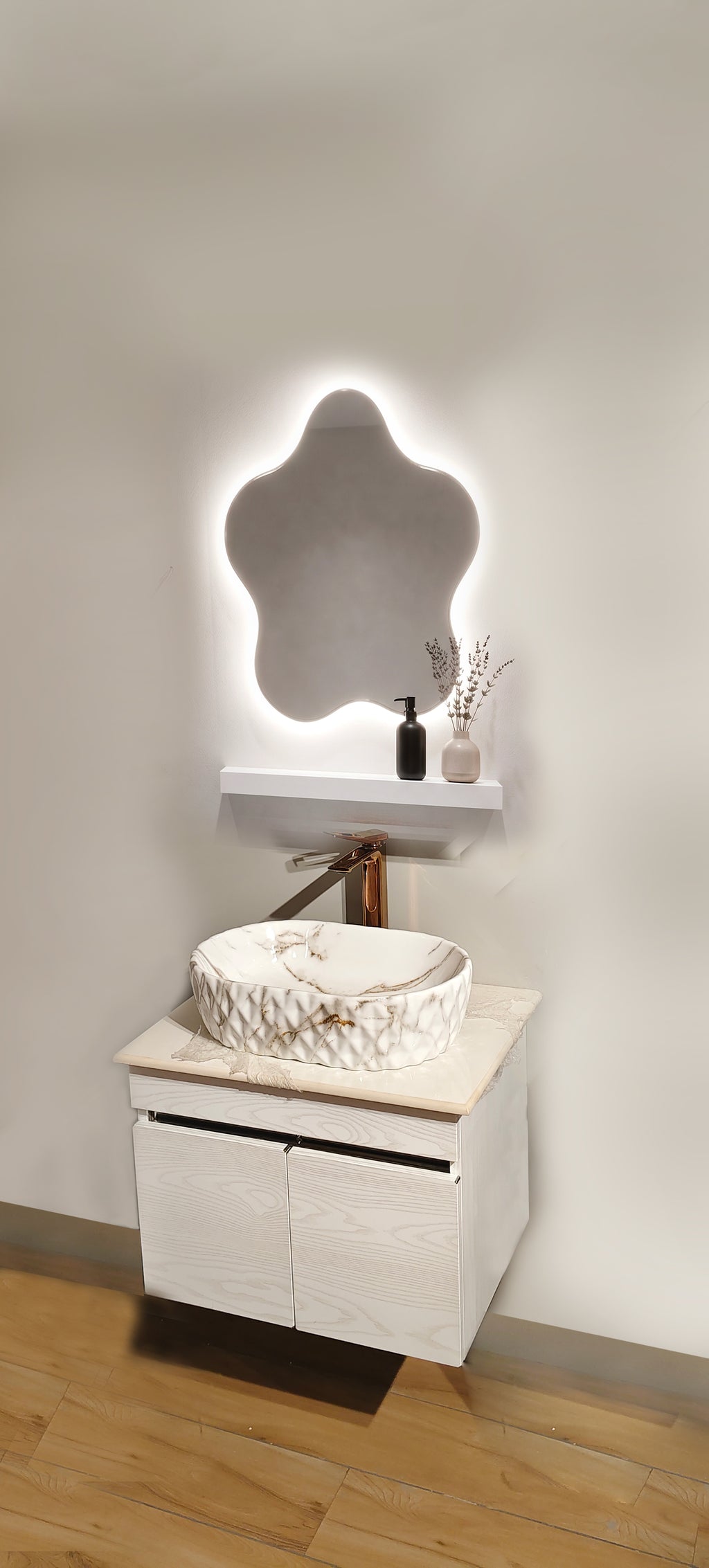 Premium White with Pine Wood Finish Wall Mounted Stainless Steel Vanity SS304 (24x18.5 inch) "Complete Set"