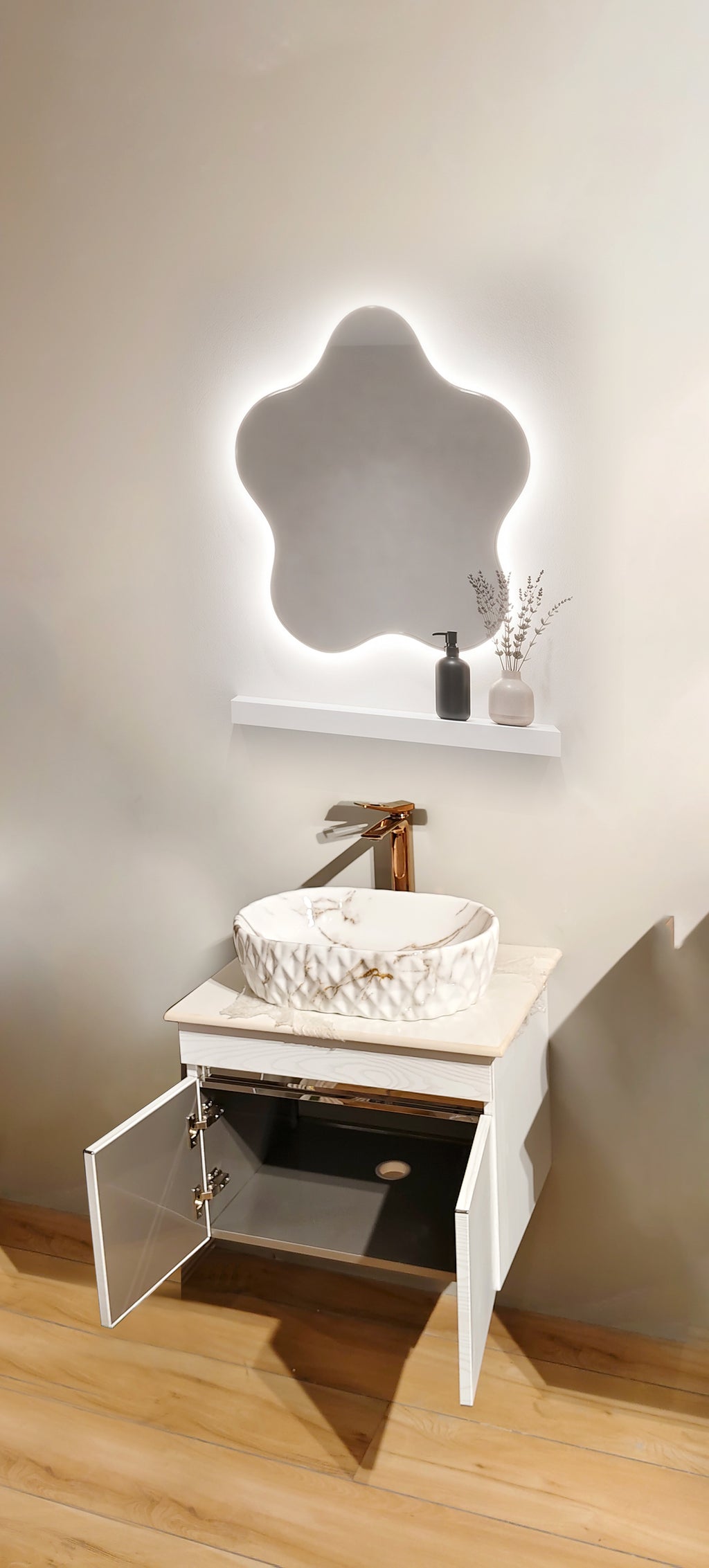 Premium White with Pine Wood Finish Wall Mounted Stainless Steel Vanity SS304 (24x18.5 inch) "Complete Set"