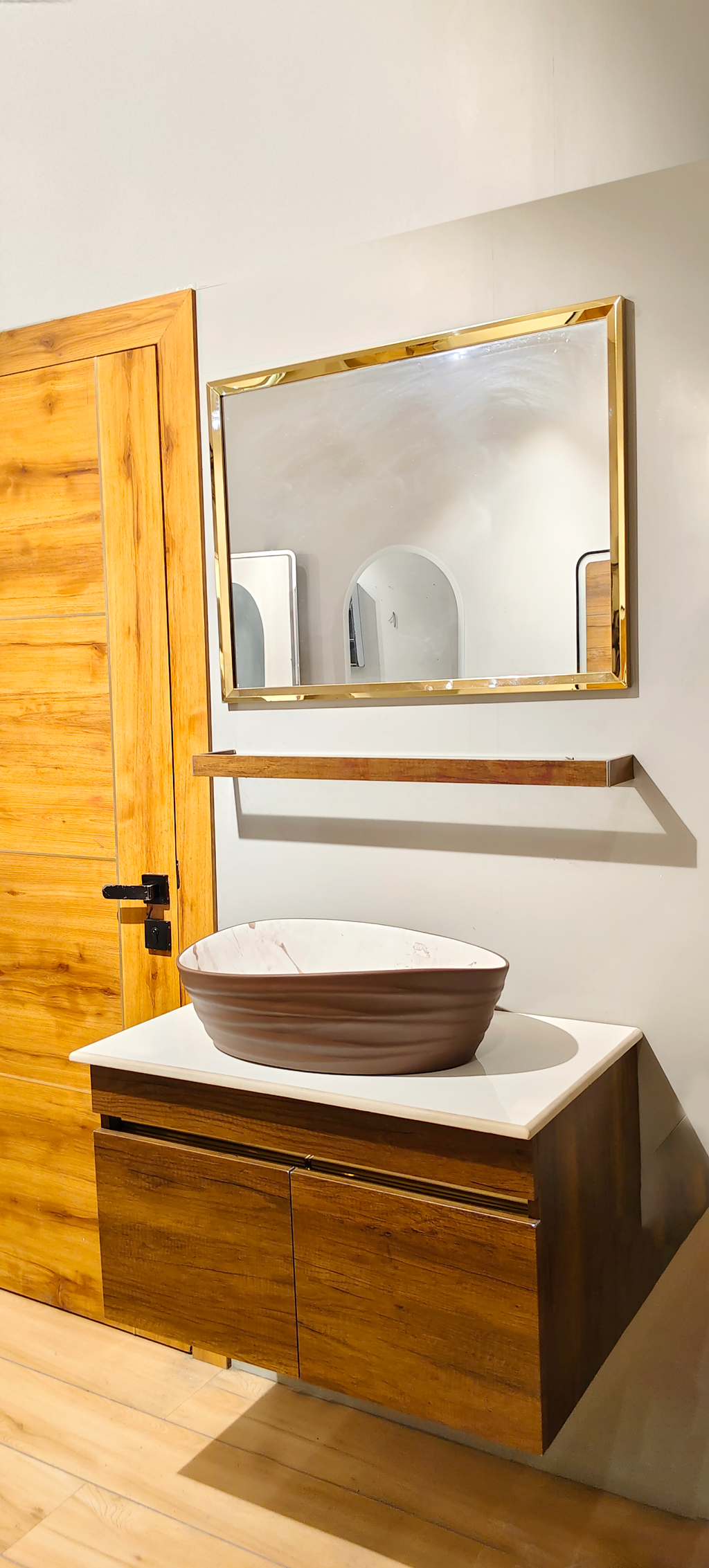 Teak Wood Finish Wall Mounted Stainless Steel Vanity SS304 (32x18.5 inch) "Complete Set"