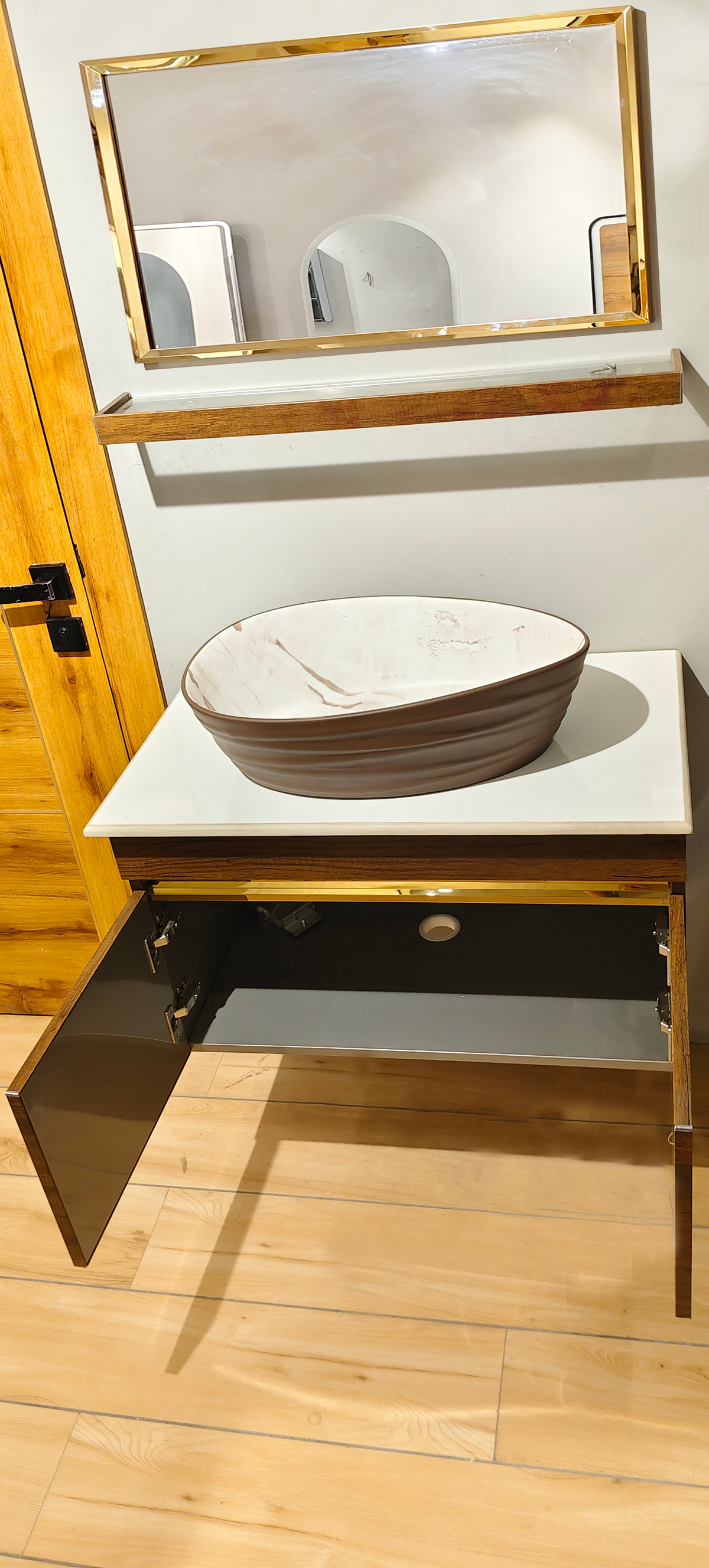 Teak Wood Finish Wall Mounted Stainless Steel Vanity SS304 (32x18.5 inch) "Complete Set"