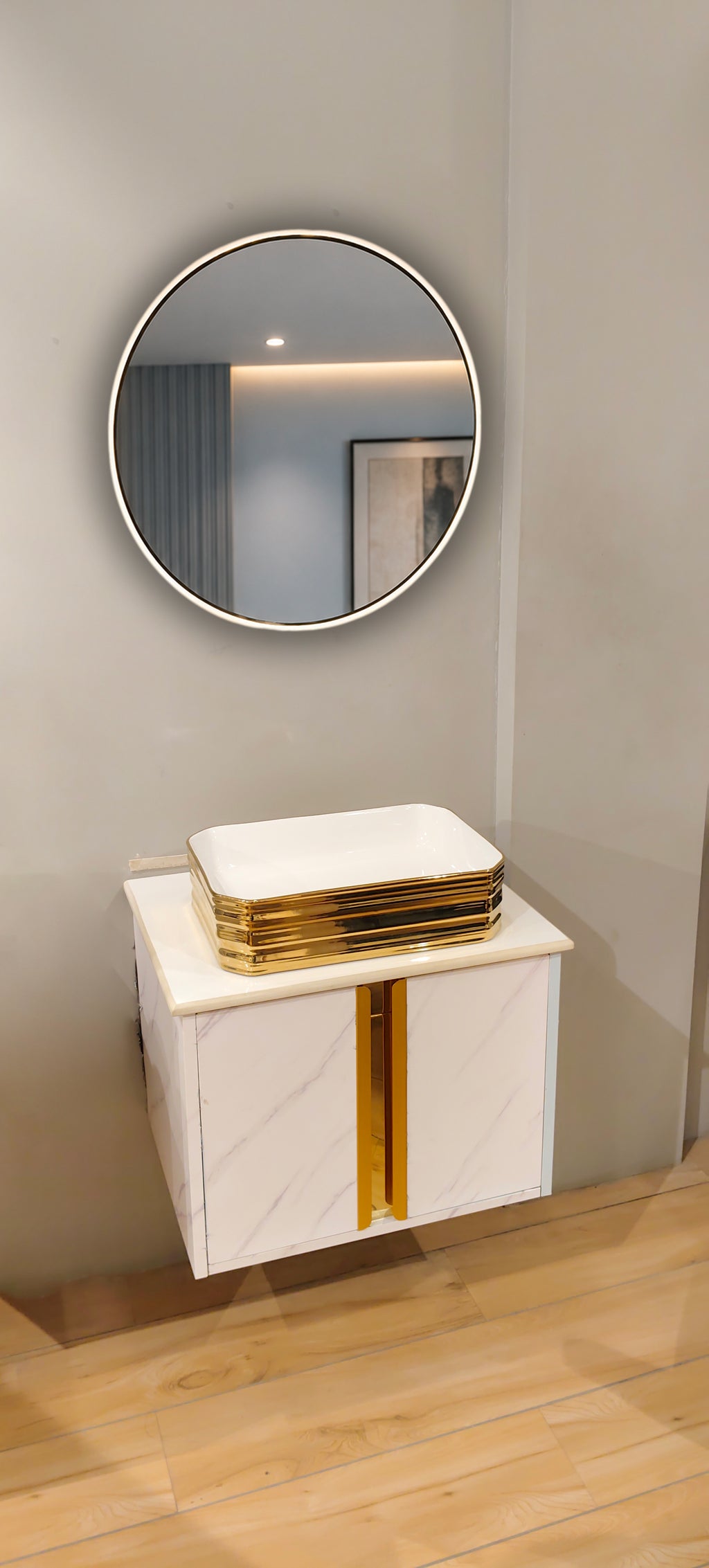 White Satvario Finish Wall Mounted with Gold detailing, now in Stainless Steel Material SS304 (24x18.5 inch) "Complete Set"