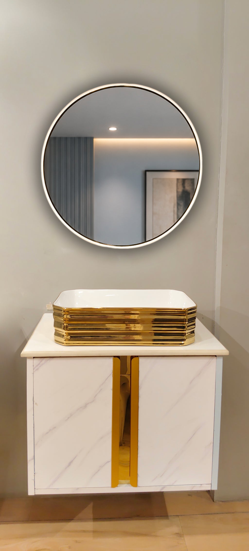 White Satvario Finish Wall Mounted with Gold detailing, now in Stainless Steel Material SS304 (24x18.5 inch) "Complete Set"