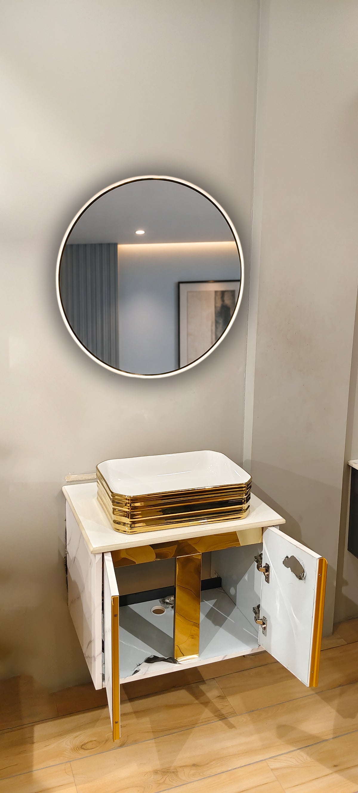 White Satvario Finish Wall Mounted with Gold detailing, now in Stainless Steel Material SS304 (24x18.5 inch) "Complete Set"