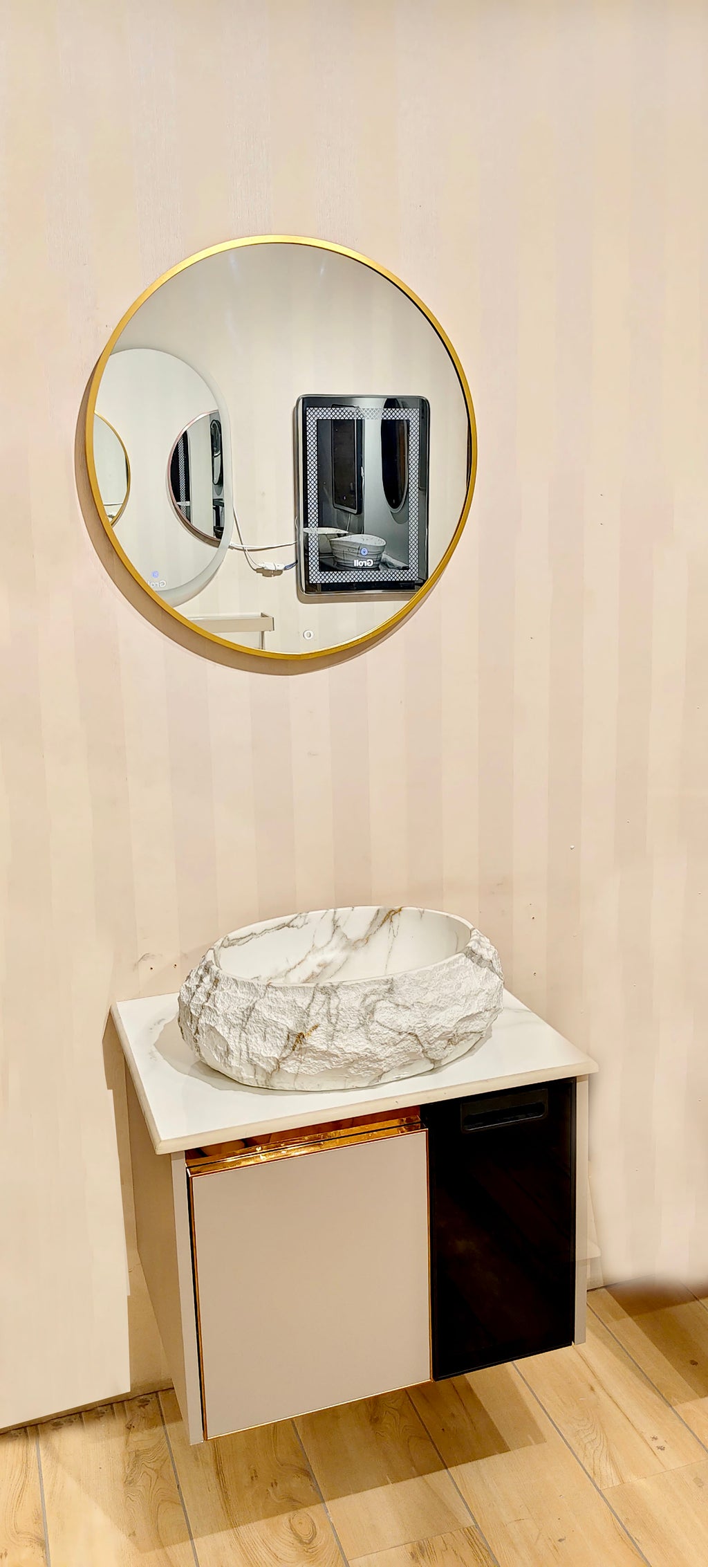 Premium moon grey with black toughened glass door Wall Mounted Stainless Steel Vanity SS304 with rose gold detailing & natural stone finish basin (24x18.5 inch) "Complete Set"