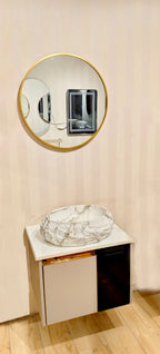 Premium moon grey with black toughened glass door Wall Mounted Stainless Steel Vanity SS304 with rose gold detailing & natural stone finish basin (24x18.5 inch) "Complete Set"