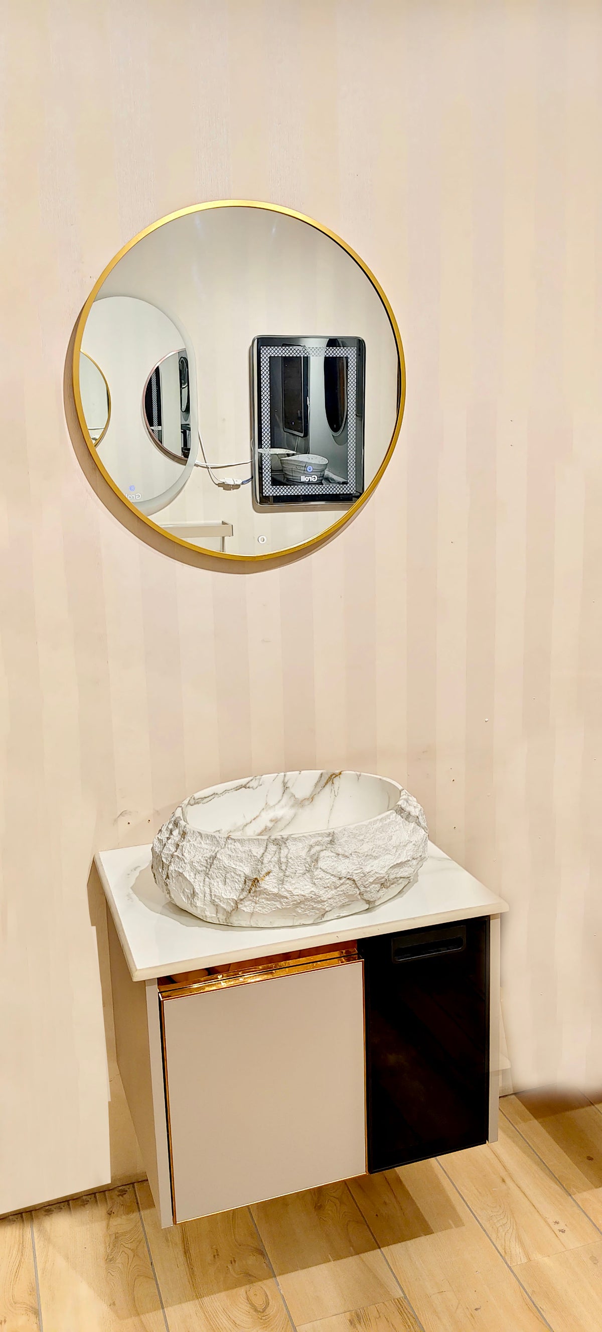 Premium moon grey with black toughened glass door Wall Mounted Stainless Steel Vanity SS304 with rose gold detailing & natural stone finish basin (24x18.5 inch) "Complete Set"