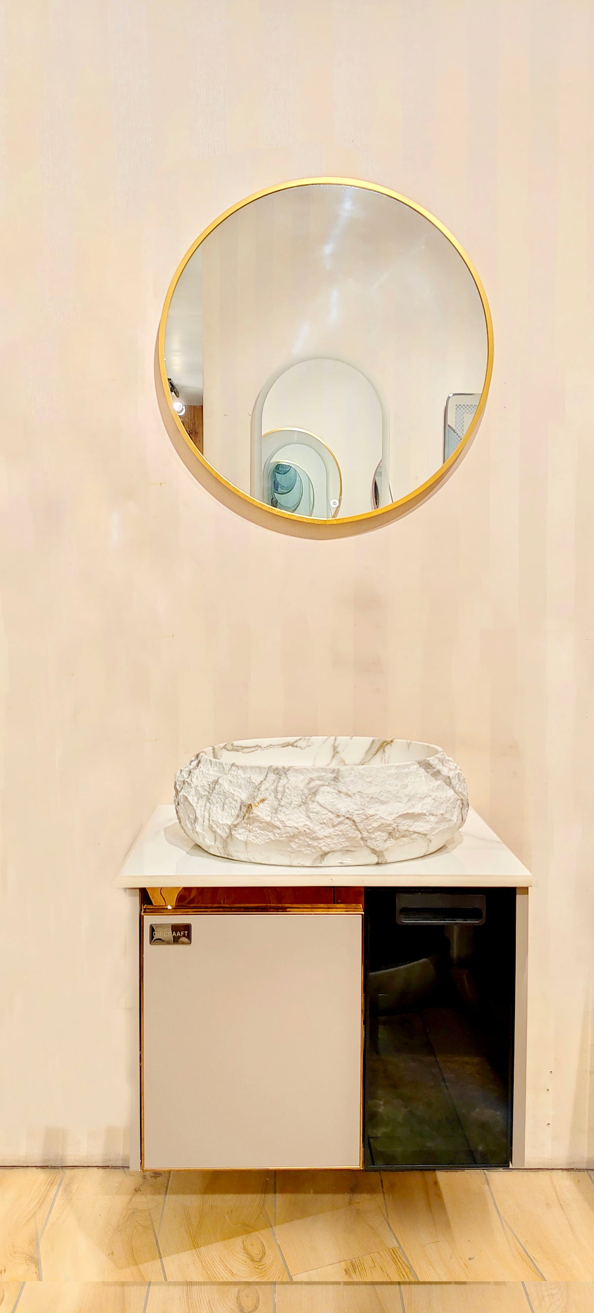 Premium moon grey with black toughened glass door Wall Mounted Stainless Steel Vanity SS304 with rose gold detailing & natural stone finish basin (24x18.5 inch) "Complete Set"