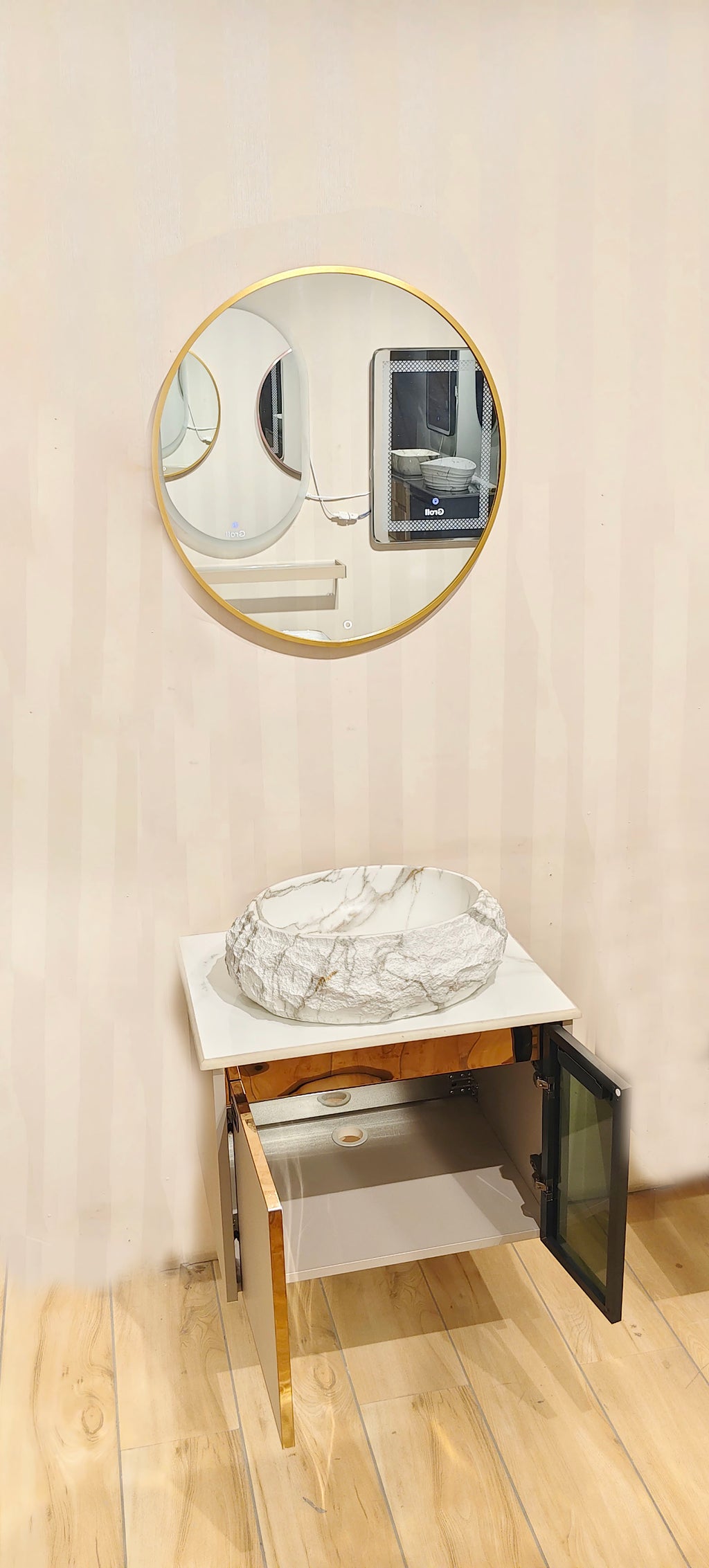 Premium moon grey with black toughened glass door Wall Mounted Stainless Steel Vanity SS304 with rose gold detailing & natural stone finish basin (24x18.5 inch) "Complete Set"