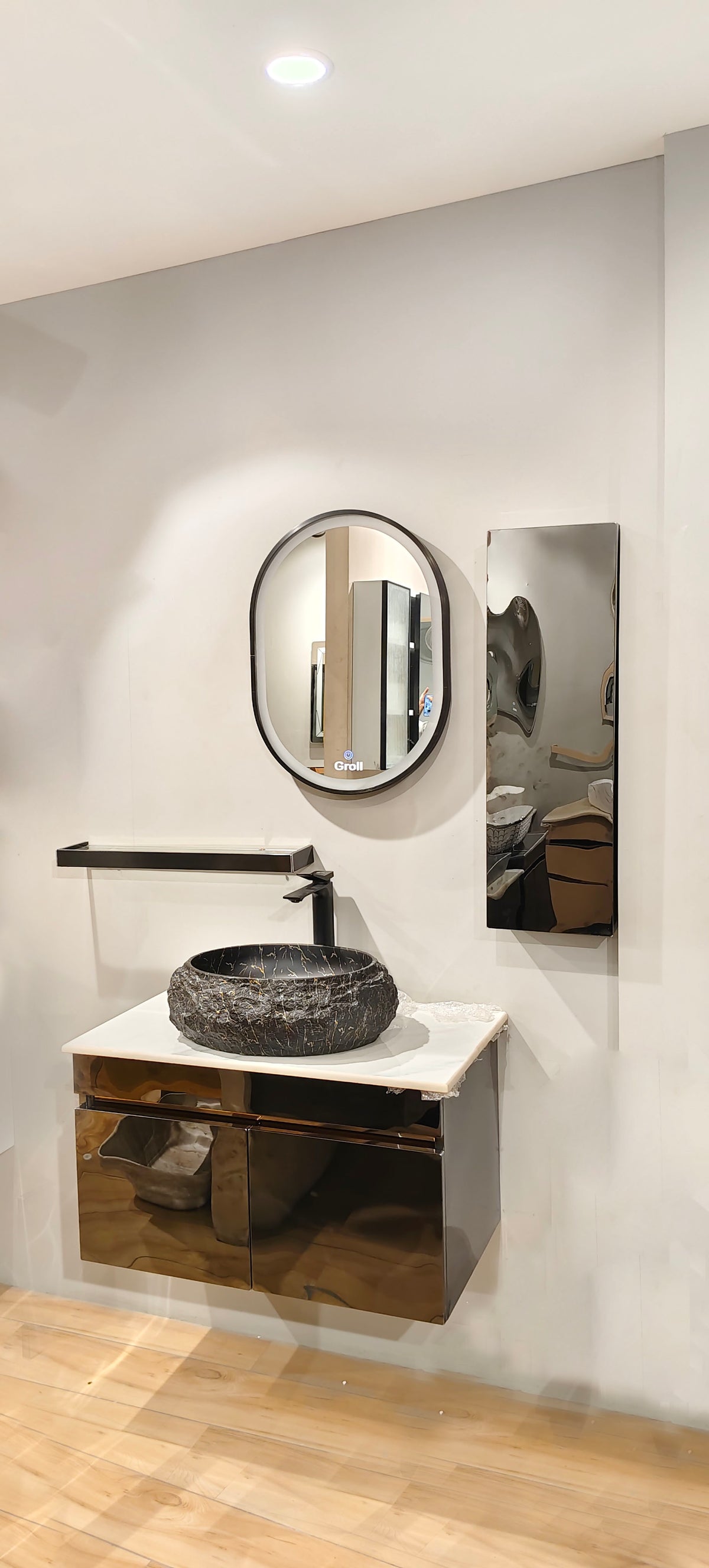 Black Mirror Gloss Finish Wall Mounted Stainless Steel Vanity with Rose Gold detailing SS304 (32x18.5 inch) "Complete Set"