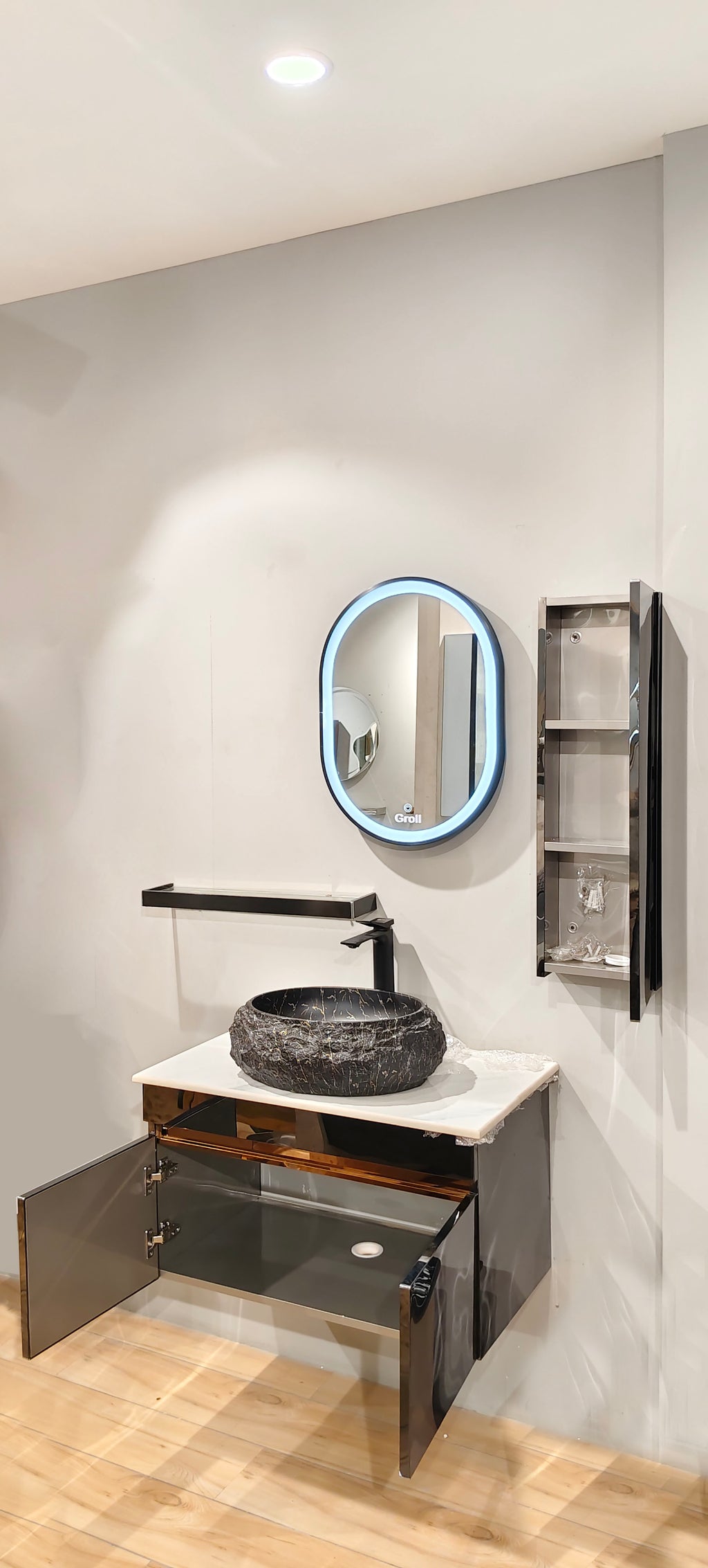 Black Mirror Gloss Finish Wall Mounted Stainless Steel Vanity with Rose Gold detailing SS304 (32x18.5 inch) "Complete Set"