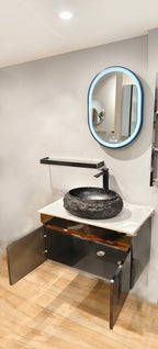 Black Mirror Gloss Finish Wall Mounted Stainless Steel Vanity with Rose Gold detailing SS304 (32x18.5 inch) "Complete Set"