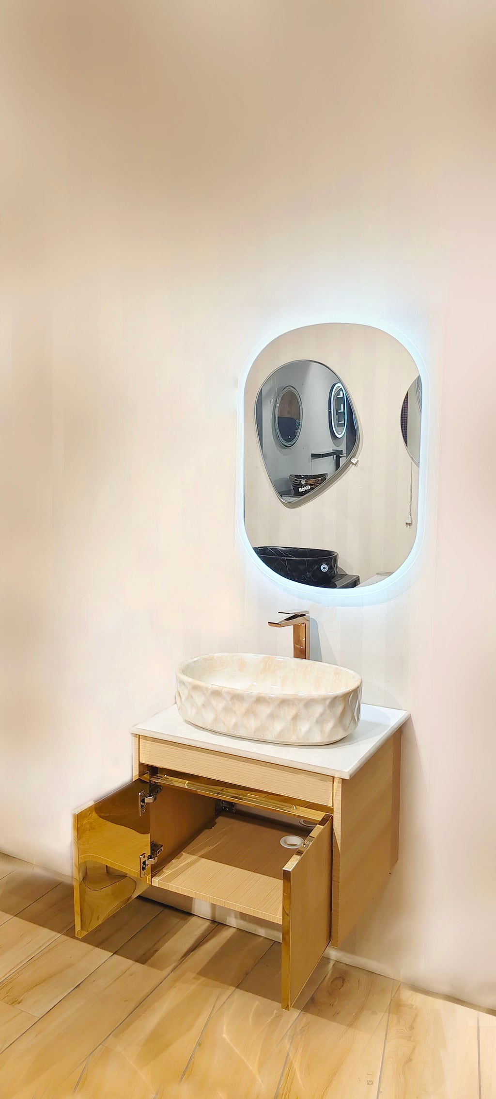 Premium Teak Wood Finish Wall Mounted Stainless Steel Vanity SS304 (24x18.5 inch) "Complete Set"