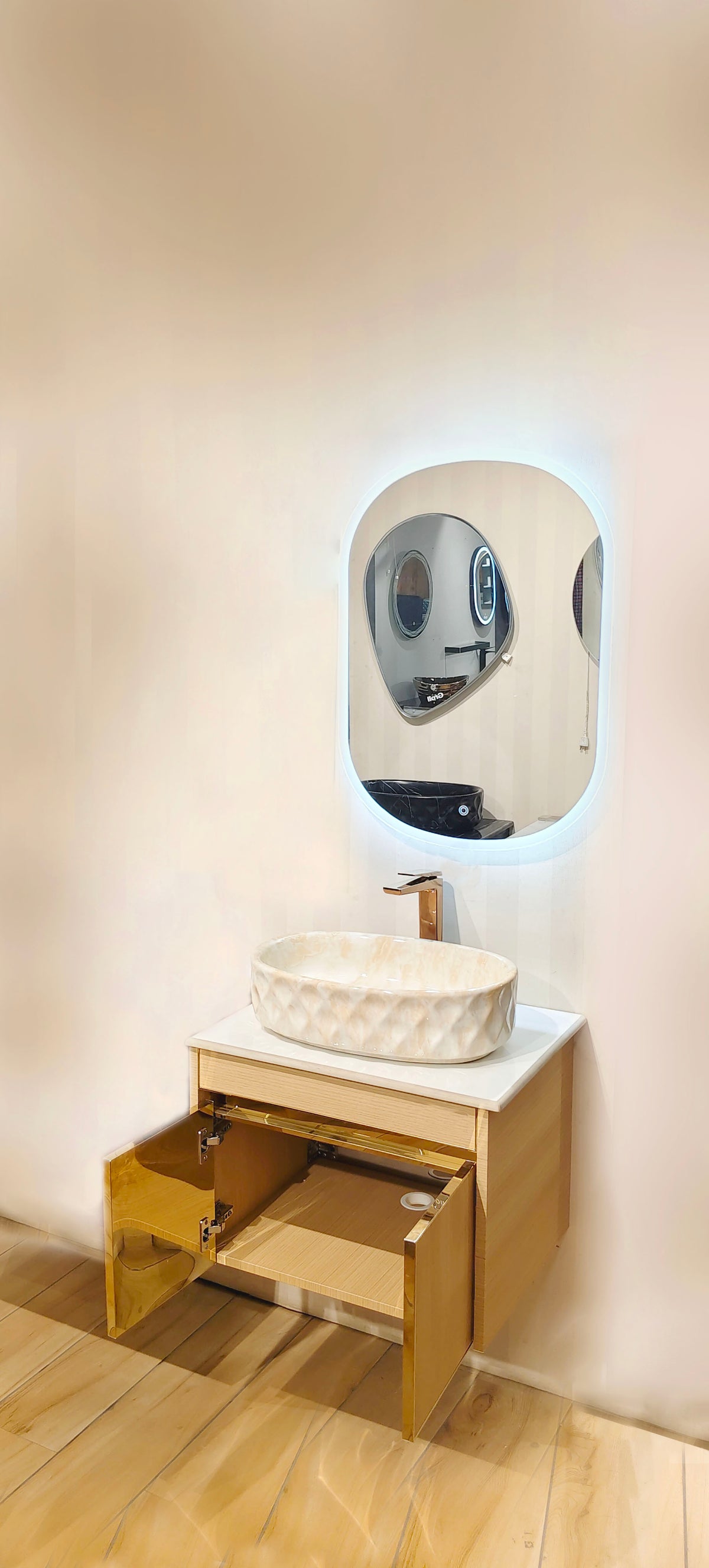 Premium Teak Wood Finish Wall Mounted Stainless Steel Vanity SS304 (24x18.5 inch) "Complete Set"