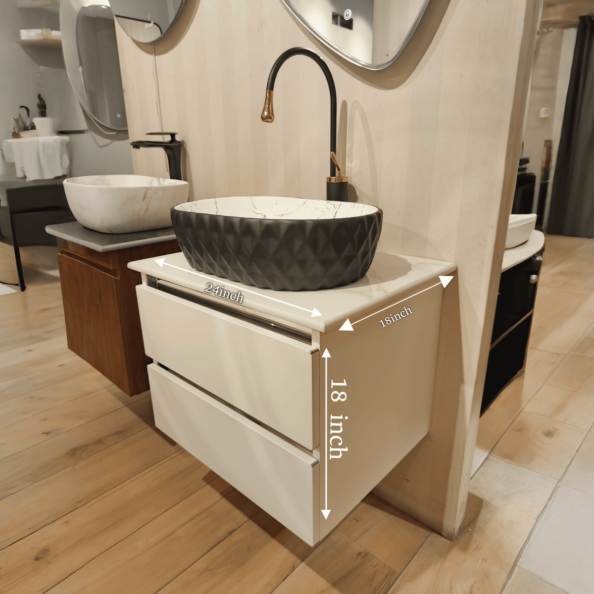 Premium White with Pine Wood Finish Wall Mounted Stainless Steel Vanity SS304 (24x18.5 inch) "Complete Set"