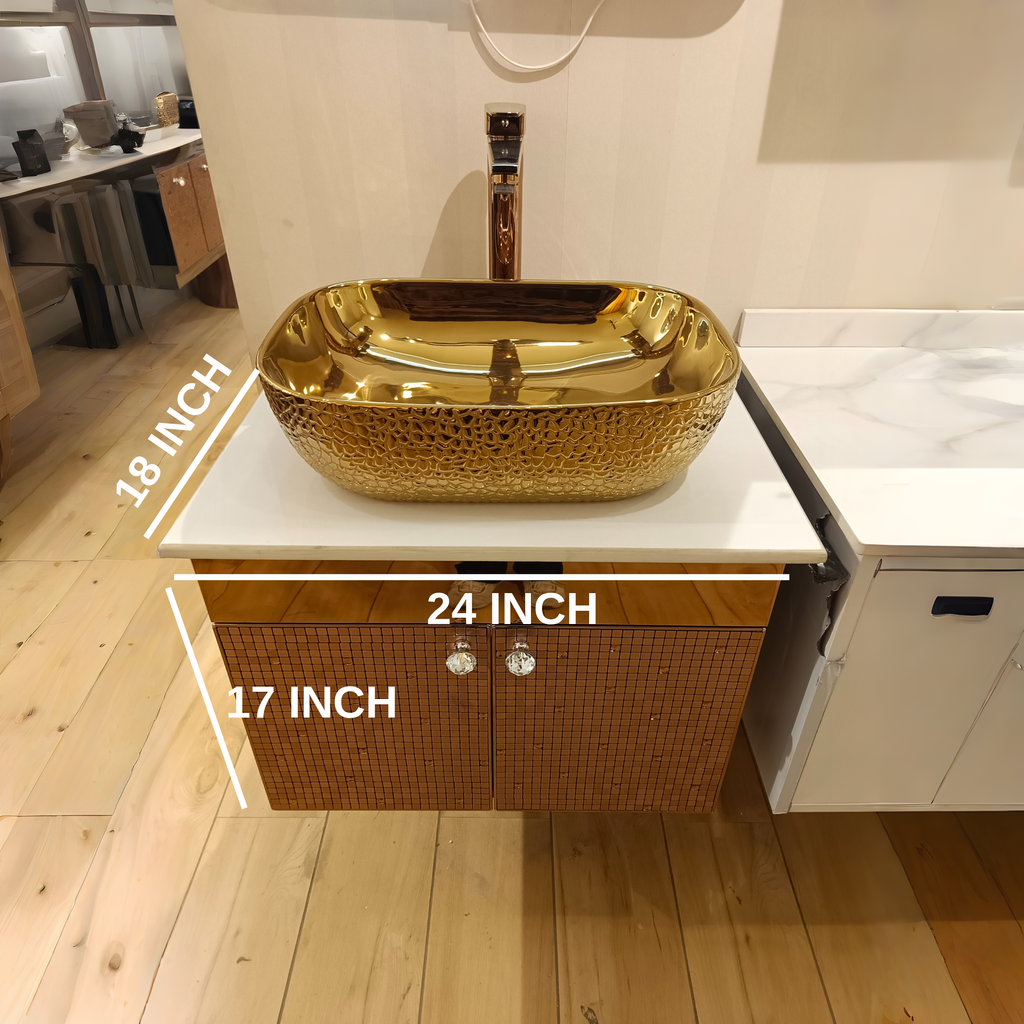 Premium Rose Gold Finish with Mosaic Pattern Wall Mounted Stainless Steel Vanity SS304 (24x18.5 inch) "Complete Set"